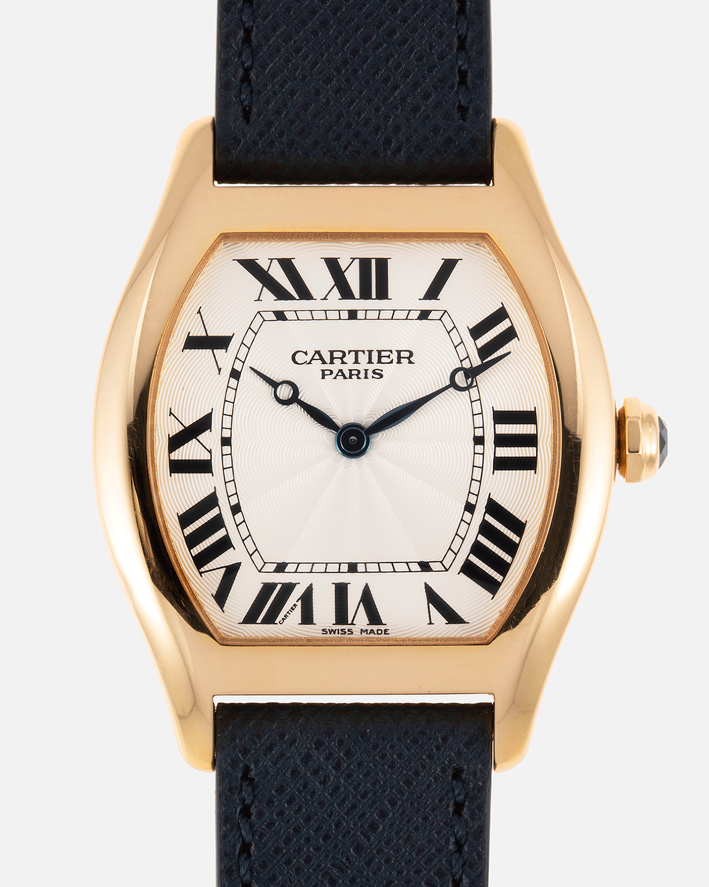 Brand: Cartier Year: 2000’s Model: CPCP Collection Prive Tortue Reference: 2496 Material: 18k Yellow Gold Movement: Cartier Jaeger LeCoultre 9601MC Case Diameter: 43 x 35 mm Strap: Navy Blue Molequin Textured Calf Strap with separate 18k Cartier Yellow Gold Deployant