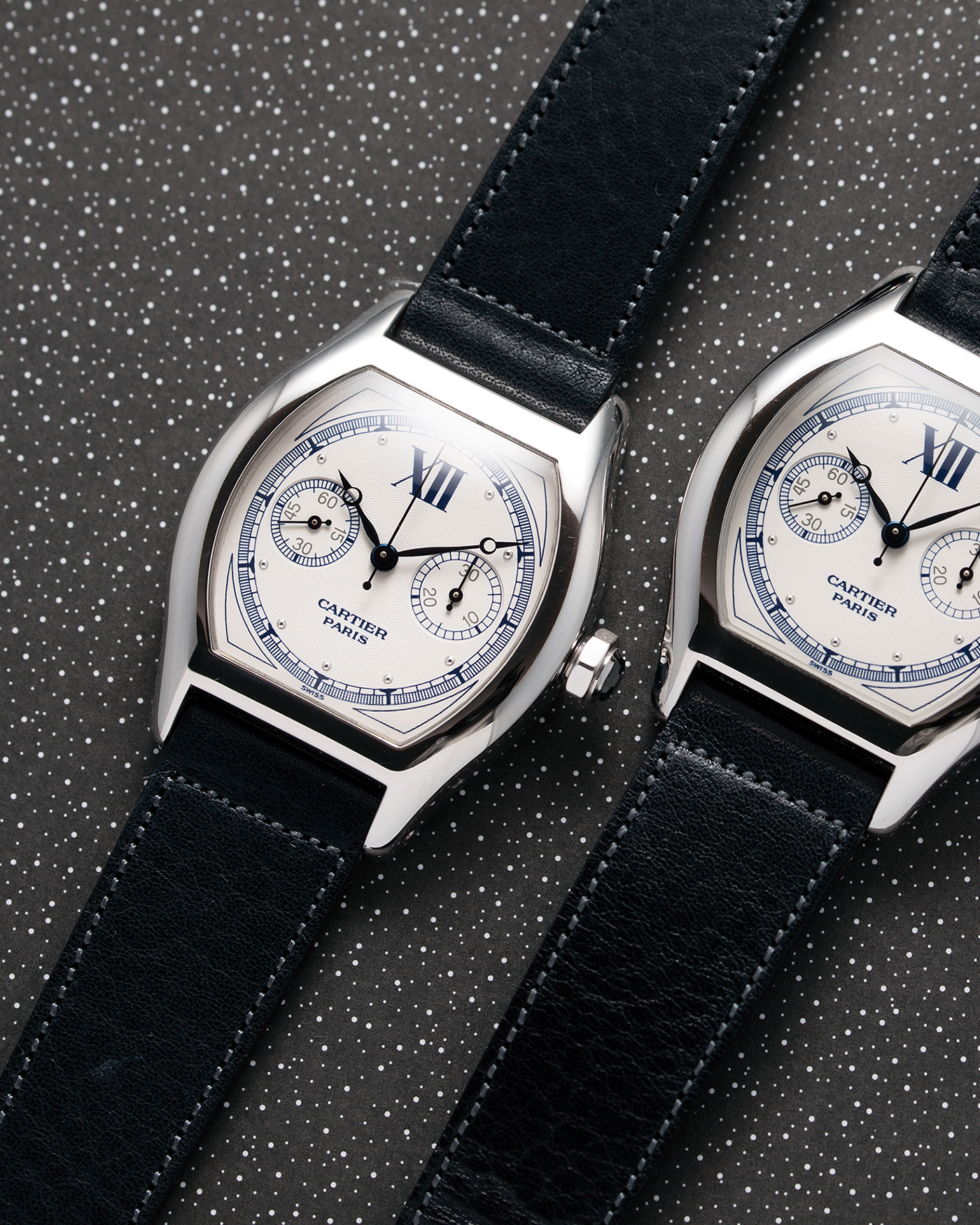 Brand: Cartier Year: 2000’s Model: CPCP Collection Prive Tortue Monopoussoir Reference: 2356 Material: 18k White Gold Movement: THA Cal. 045MC Case Diameter: 43 x 35 mm Strap: Navy Blue Accurate Form Japanese Calf Strap with separate 18k Cartier White Gold Deployant