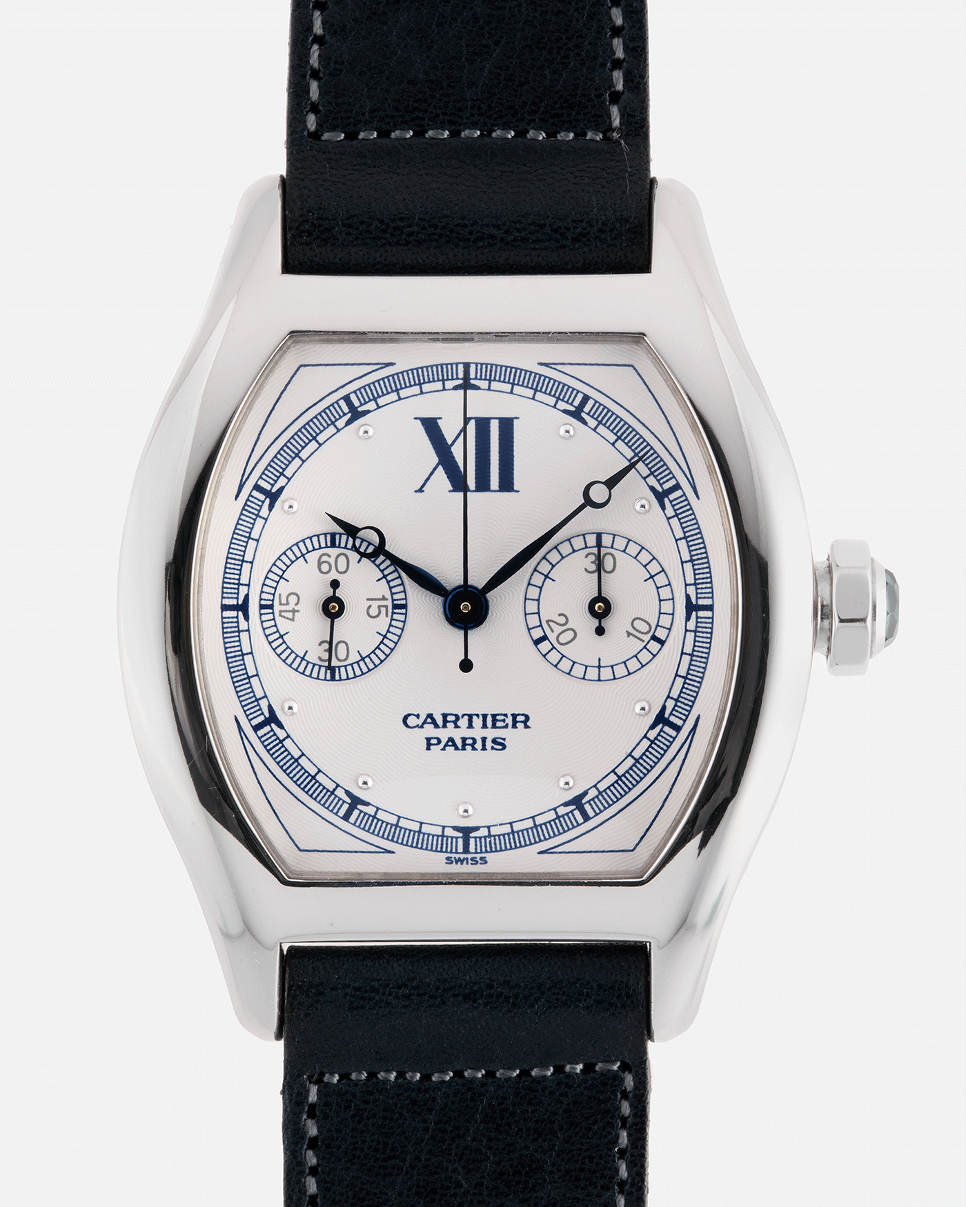 Brand: Cartier Year: 2000’s Model: CPCP Collection Prive Tortue Monopoussoir Reference: 2356 Material: 18k White Gold Movement: THA Cal. 045MC Case Diameter: 43 x 35 mm Strap: Navy Blue Accurate Form Japanese Calf Strap with separate 18k Cartier White Gold Deployant