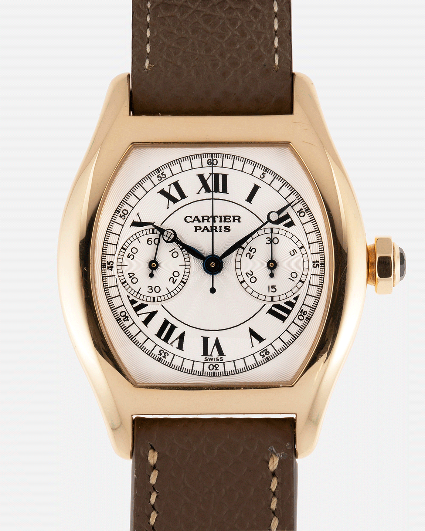 Brand: Cartier Year: 2000’s Model: CPCP Collection Prive Tortue Monopoussoir Reference: 2356E Material: 18k Yellow Gold Movement: THA Cal. 045MC Case Diameter: 43 x 35 mm Strap: Cartier Nostime Taupe Grained Calf with 18k Cartier Yellow Gold Deployant F.P. Journe