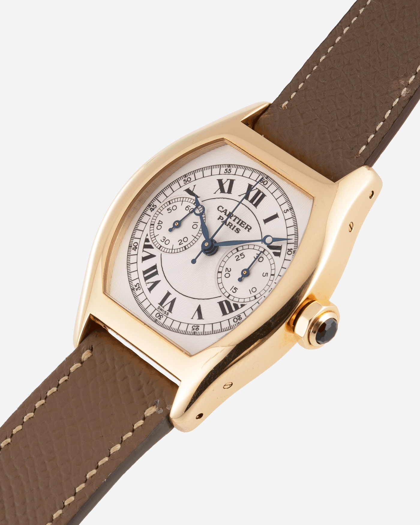 Brand: Cartier Year: 2000’s Model: CPCP Collection Prive Tortue Monopoussoir Reference: 2356E Material: 18k Yellow Gold Movement: THA Cal. 045MC Case Diameter: 43 x 35 mm Strap: Cartier Nostime Taupe Grained Calf with 18k Cartier Yellow Gold Deployant F.P. Journe