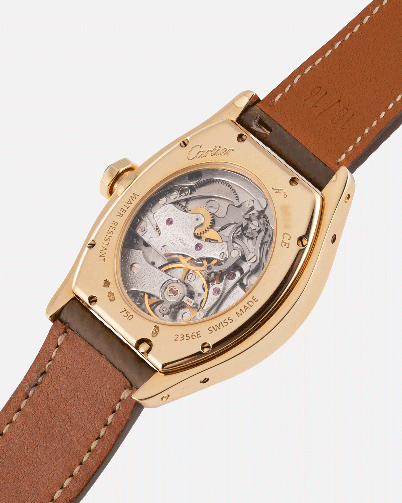 Brand: Cartier Year: 2000’s Model: CPCP Collection Prive Tortue Monopoussoir Reference: 2356E Material: 18k Yellow Gold Movement: THA Cal. 045MC Case Diameter: 43 x 35 mm Strap: Cartier Nostime Taupe Grained Calf with 18k Cartier Yellow Gold Deployant F.P. Journe