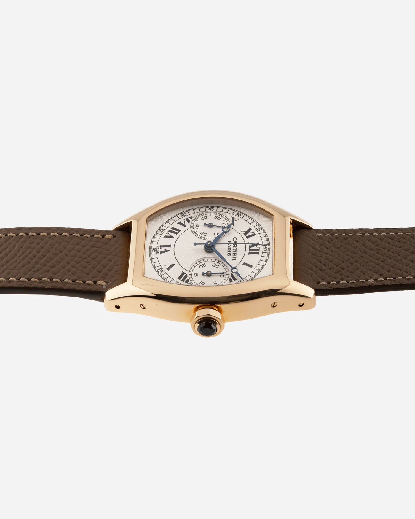 Brand: Cartier Year: 2000’s Model: CPCP Collection Prive Tortue Monopoussoir Reference: 2356E Material: 18k Yellow Gold Movement: THA Cal. 045MC Case Diameter: 43 x 35 mm Strap: Cartier Nostime Taupe Grained Calf with 18k Cartier Yellow Gold Deployant F.P. Journe