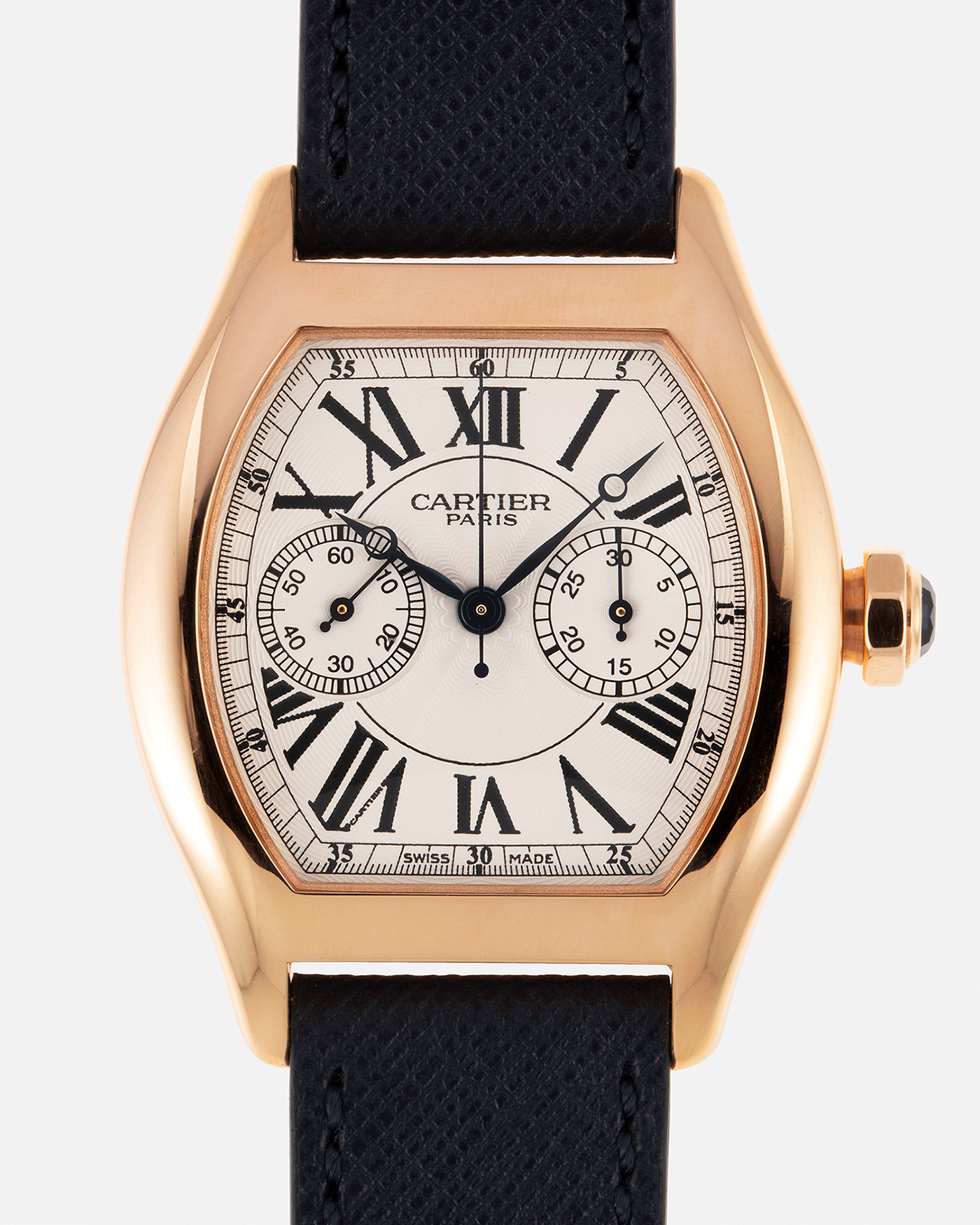 Brand: Cartier Year: 2000’s Model: CPCP Collection Prive Tortue Monopoussoir Reference: 2661 Material: 18k Rose Gold Movement: THA Cal. 045MC Case Diameter: 43 x 35 mm Strap: Navy Blue Molequin Textured Calf Strap with separate 18k Cartier Rose Gold Deployant