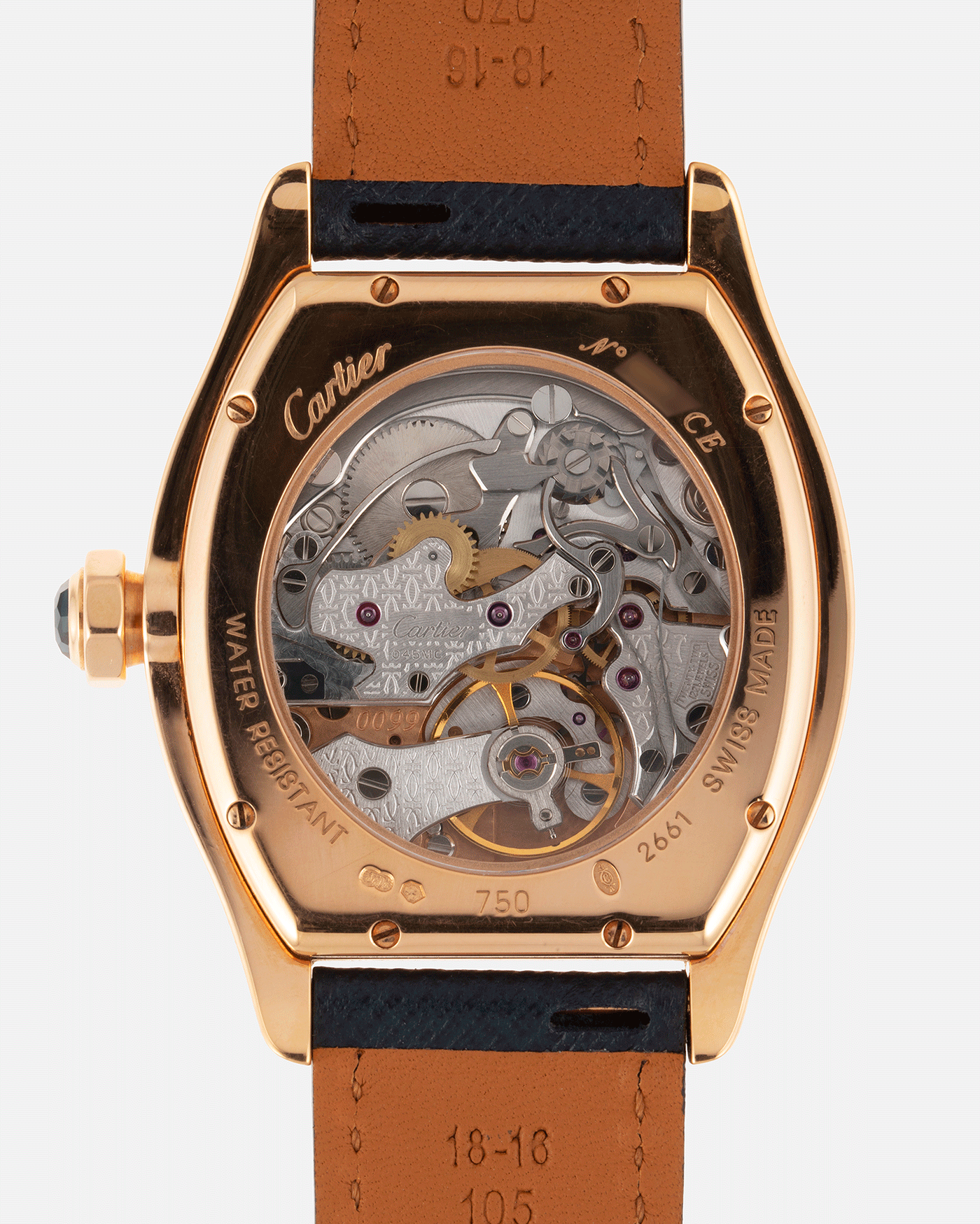 Brand: Cartier Year: 2000’s Model: CPCP Collection Prive Tortue Monopoussoir Reference: 2661 Material: 18k Rose Gold Movement: THA Cal. 045MC Case Diameter: 43 x 35 mm Strap: Navy Blue Molequin Textured Calf Strap with separate 18k Cartier Rose Gold Deployant