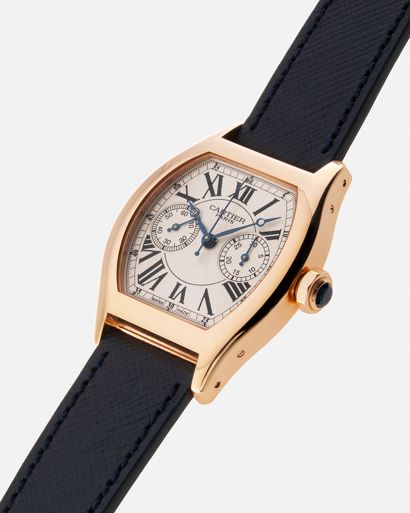 Brand: Cartier Year: 2000’s Model: CPCP Collection Prive Tortue Monopoussoir Reference: 2661 Material: 18k Rose Gold Movement: THA Cal. 045MC Case Diameter: 43 x 35 mm Strap: Navy Blue Molequin Textured Calf Strap with separate 18k Cartier Rose Gold Deployant