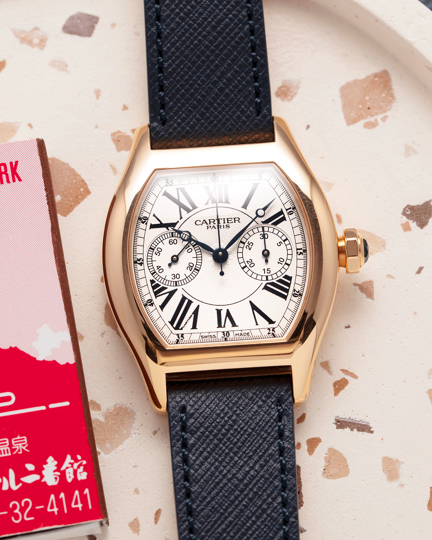 Brand: Cartier Year: 2000’s Model: CPCP Collection Prive Tortue Monopoussoir Reference: 2661 Material: 18k Rose Gold Movement: THA Cal. 045MC Case Diameter: 43 x 35 mm Strap: Navy Blue Molequin Textured Calf Strap with separate 18k Cartier Rose Gold Deployant