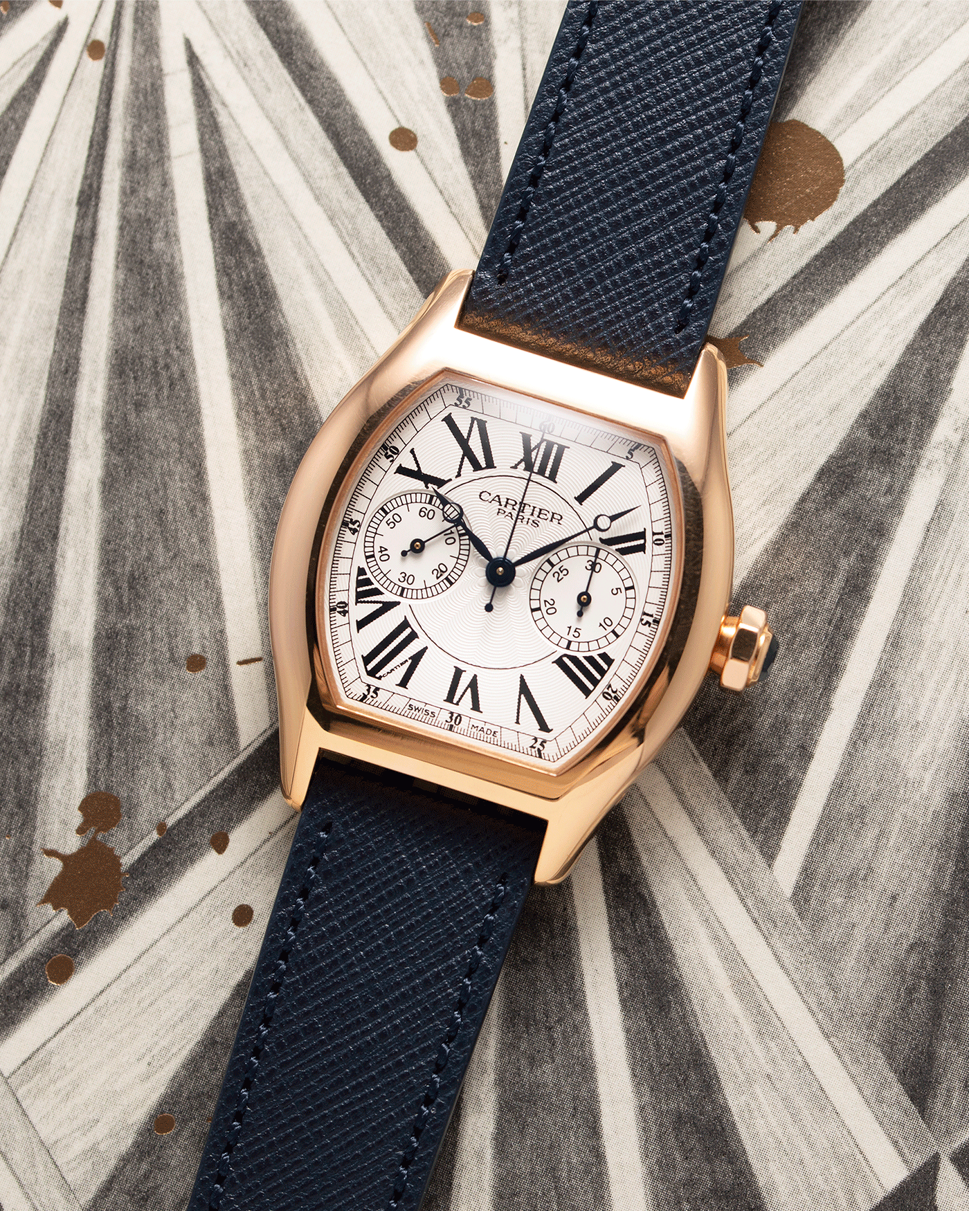 Brand: Cartier Year: 2000’s Model: CPCP Collection Prive Tortue Monopoussoir Reference: 2661 Material: 18k Rose Gold Movement: THA Cal. 045MC Case Diameter: 43 x 35 mm Strap: Navy Blue Molequin Textured Calf Strap with separate 18k Cartier Rose Gold Deployant