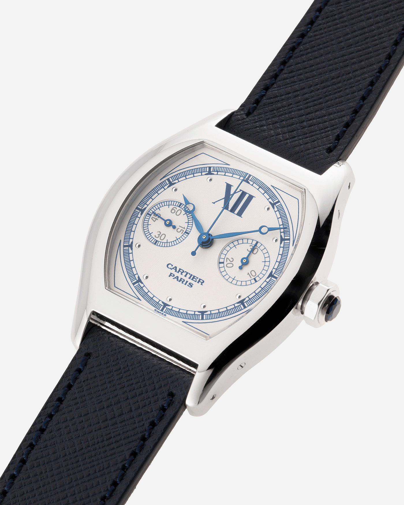 Brand: Cartier Year: 2000’s Model: CPCP Collection Prive Tortue Monopoussoir Reference: 2356 Material: 18k White Gold Movement: THA Cal. 045MC Case Diameter: 43 x 35 mm Strap: Navy Blue Molequin Textured Calf Strap with separate 18k Cartier White Gold Deployant