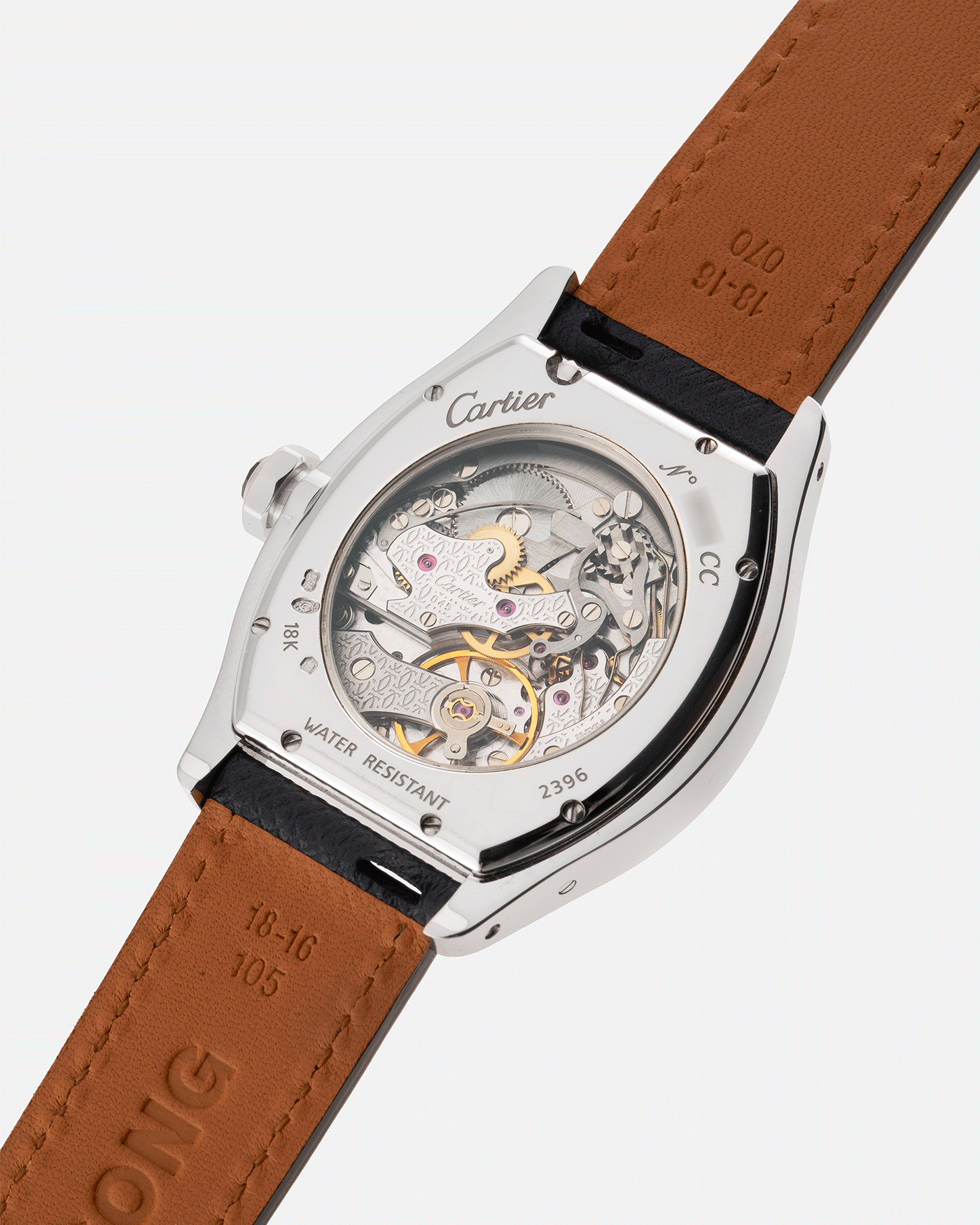 Brand: Cartier Year: 2000’s Model: CPCP Collection Prive Tortue Monopoussoir Reference: 2356 Material: 18k White Gold Movement: THA Cal. 045MC Case Diameter: 43 x 35 mm Strap: Navy Blue Molequin Textured Calf Strap with separate 18k Cartier White Gold Deployant