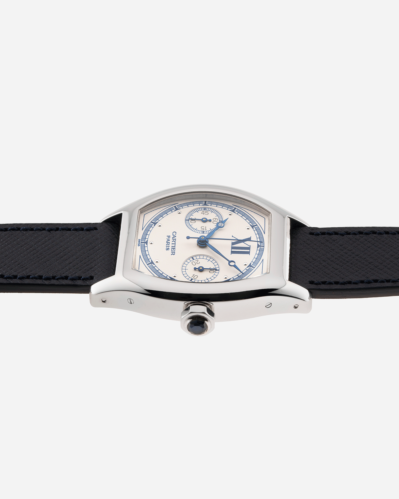 Brand: Cartier Year: 2000’s Model: CPCP Collection Prive Tortue Monopoussoir Reference: 2356 Material: 18k White Gold Movement: THA Cal. 045MC Case Diameter: 43 x 35 mm Strap: Navy Blue Molequin Textured Calf Strap with separate 18k Cartier White Gold Deployant