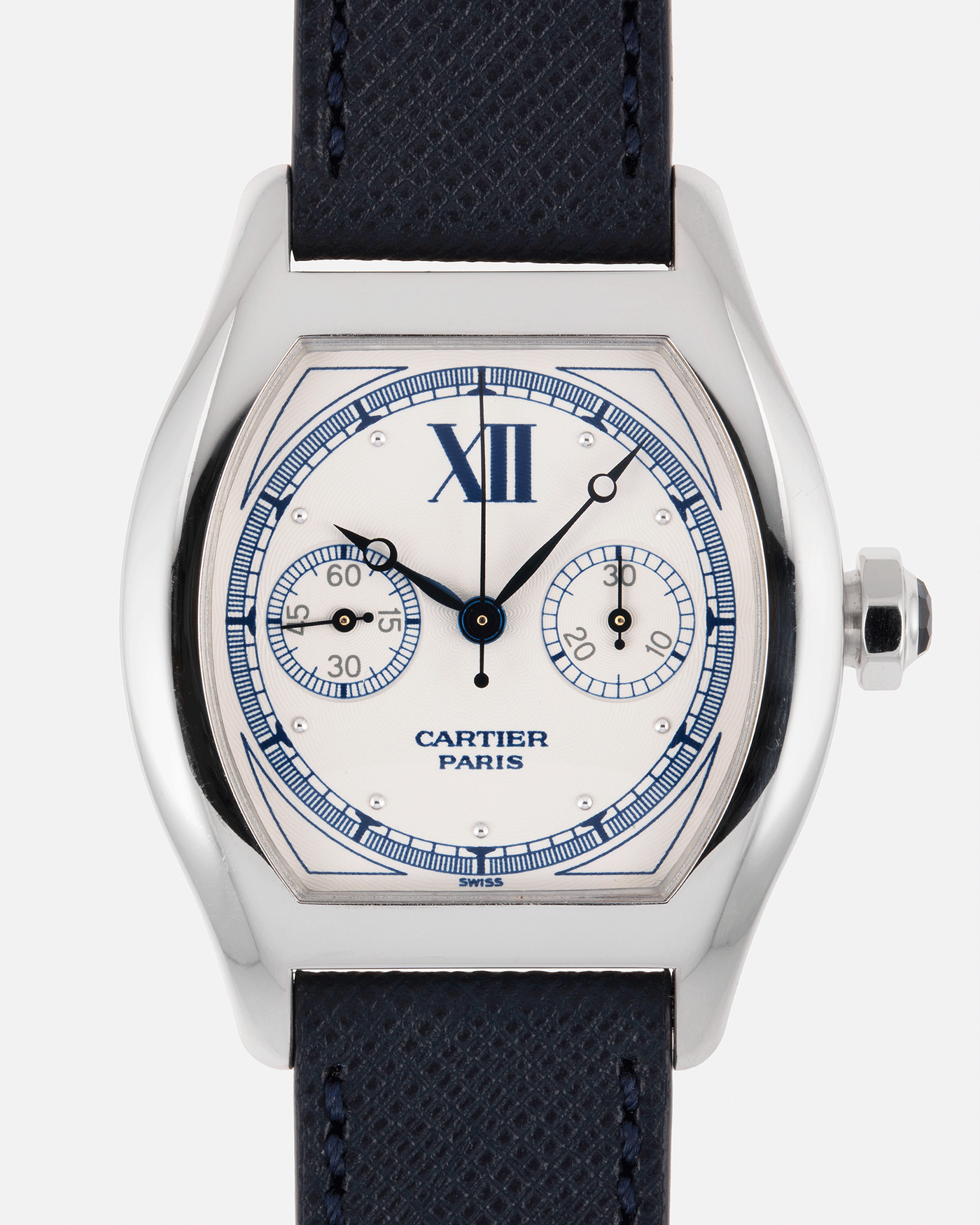 Brand: Cartier Year: 2000’s Model: CPCP Collection Prive Tortue Monopoussoir Reference: 2356 Material: 18k White Gold Movement: THA Cal. 045MC Case Diameter: 43 x 35 mm Strap: Navy Blue Molequin Textured Calf Strap with separate 18k Cartier White Gold Deployant