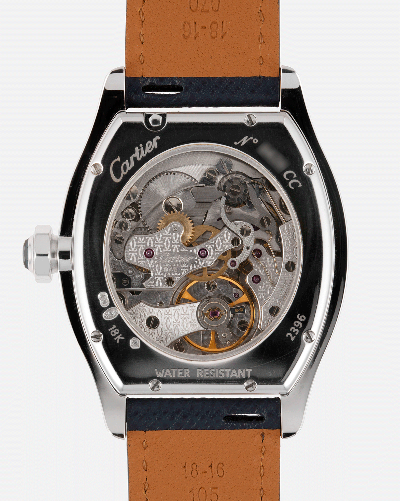 Brand: Cartier Year: 2000’s Model: CPCP Collection Prive Tortue Monopoussoir Reference: 2356 Material: 18k White Gold Movement: THA Cal. 045MC Case Diameter: 43 x 35 mm Strap: Navy Blue Molequin Textured Calf Strap with separate 18k Cartier White Gold Deployant