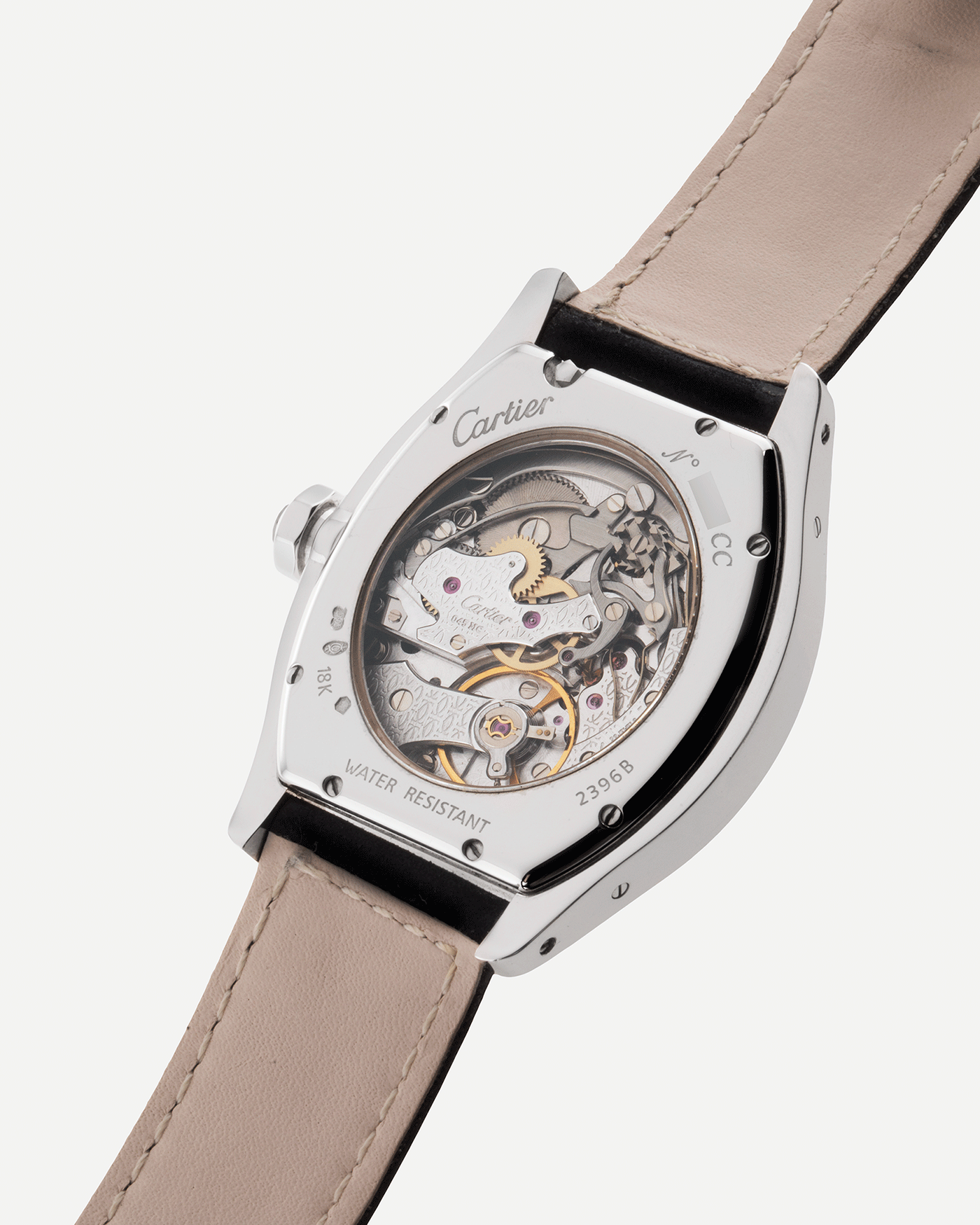 Brand: Cartier Year: 2000’s Model: CPCP Collection Prive Tortue Monopoussoir Reference: 2356 Material: 18k White Gold Movement: THA Cal. 045MC Case Diameter: 43 x 35 mm Strap: Navy Blue Suede Calf Strap with separate 18k Cartier White Gold Deployant