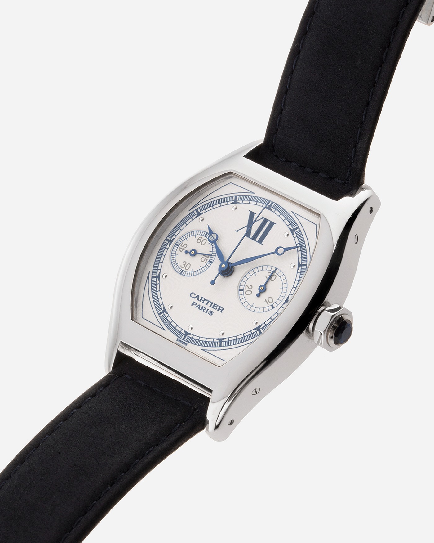 Brand: Cartier Year: 2000’s Model: CPCP Collection Prive Tortue Monopoussoir Reference: 2356 Material: 18k White Gold Movement: THA Cal. 045MC Case Diameter: 43 x 35 mm Strap: Navy Blue Suede Calf Strap with separate 18k Cartier White Gold Deployant