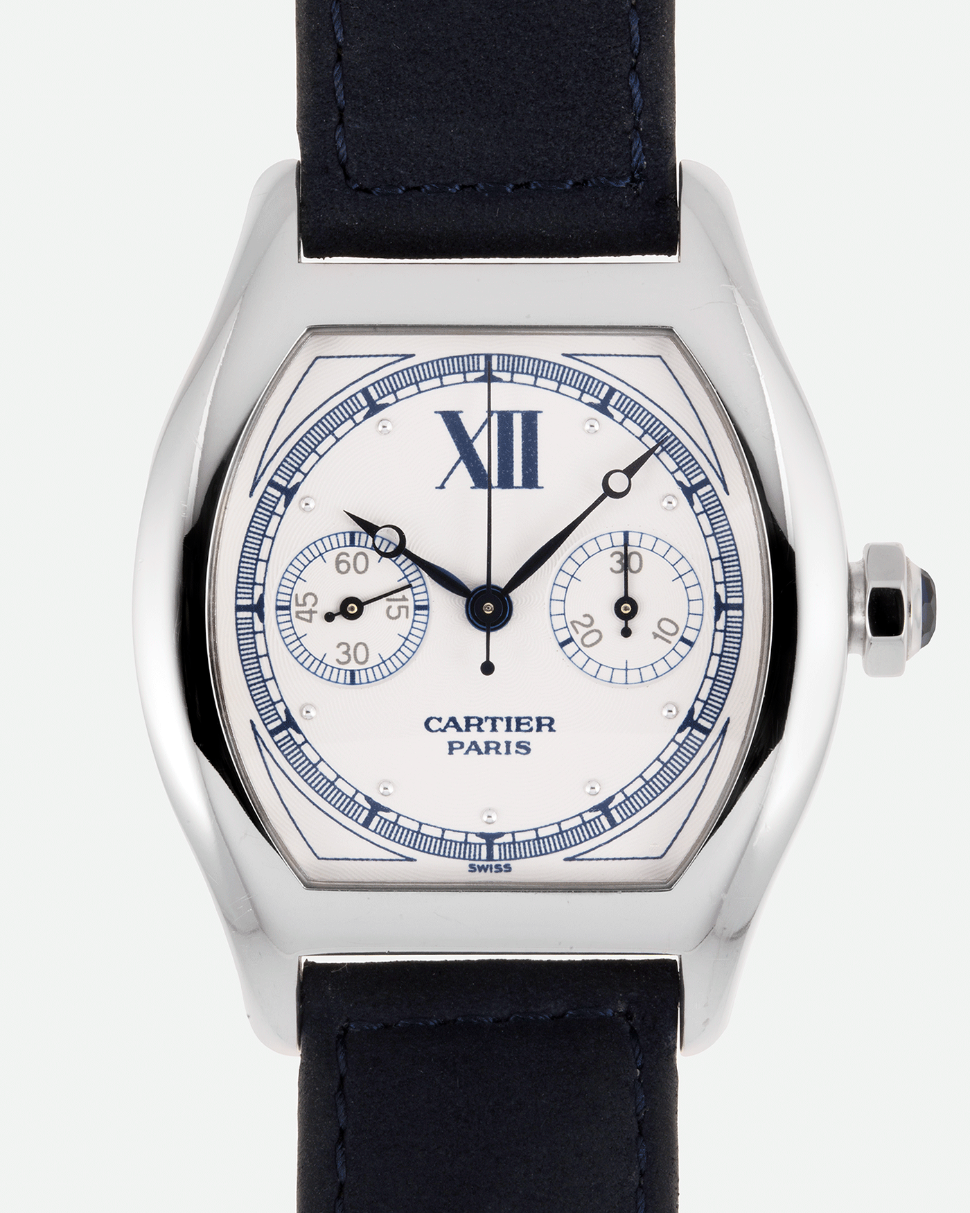 Brand: Cartier Year: 2000’s Model: CPCP Collection Prive Tortue Monopoussoir Reference: 2356 Material: 18k White Gold Movement: THA Cal. 045MC Case Diameter: 43 x 35 mm Strap: Navy Blue Suede Calf Strap with separate 18k Cartier White Gold Deployant