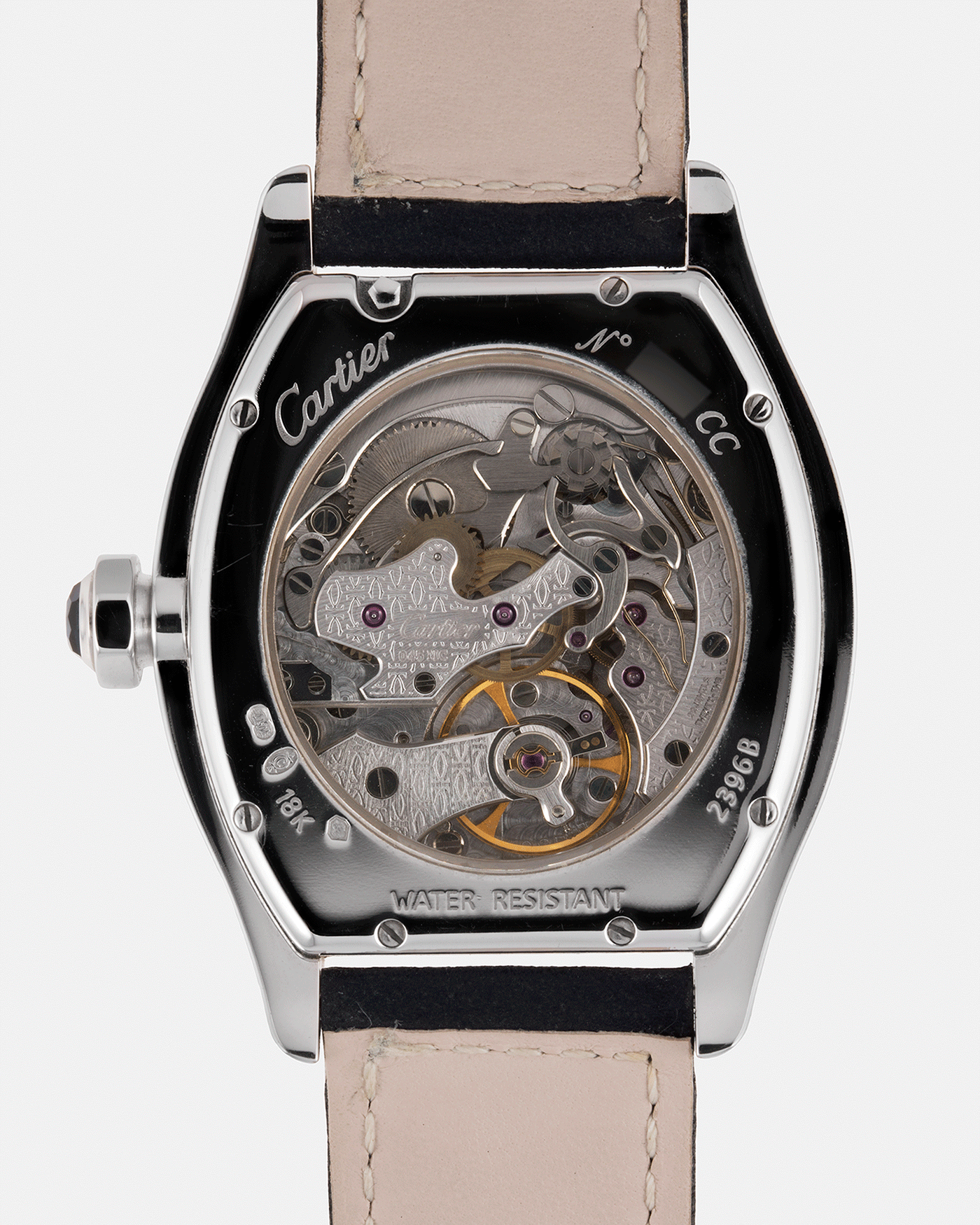 Brand: Cartier Year: 2000’s Model: CPCP Collection Prive Tortue Monopoussoir Reference: 2356 Material: 18k White Gold Movement: THA Cal. 045MC Case Diameter: 43 x 35 mm Strap: Navy Blue Suede Calf Strap with separate 18k Cartier White Gold Deployant