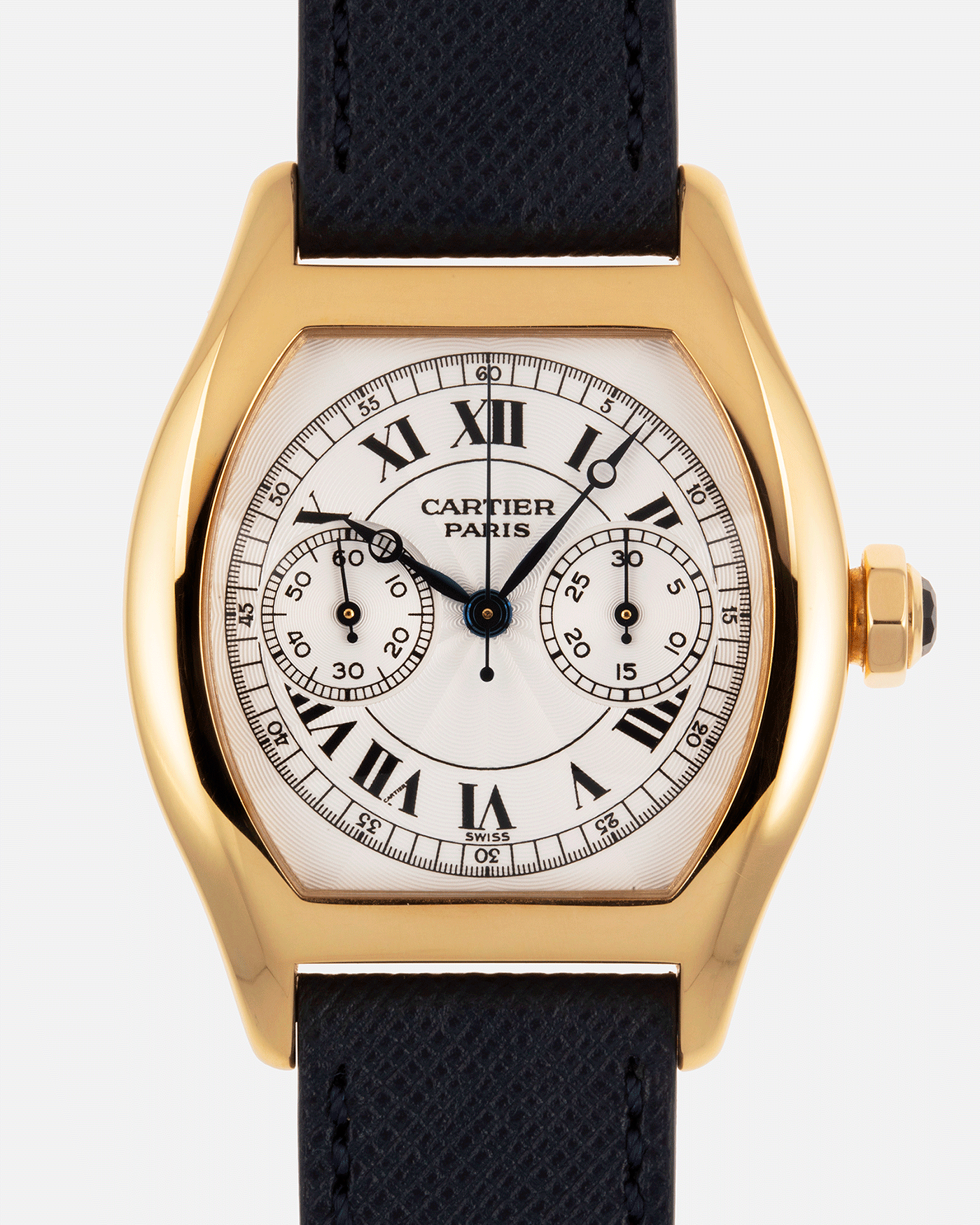 Brand: Cartier Year: 2000’s Model: CPCP Collection Prive Tortue Monopoussoir Reference: 2356E Material: 18k Yellow Gold Movement: THA Cal. 045MC Case Diameter: 43 x 35 mm Strap: Molequin Navy Blue Textured Calf with 18k Cartier Yellow Gold Deployant