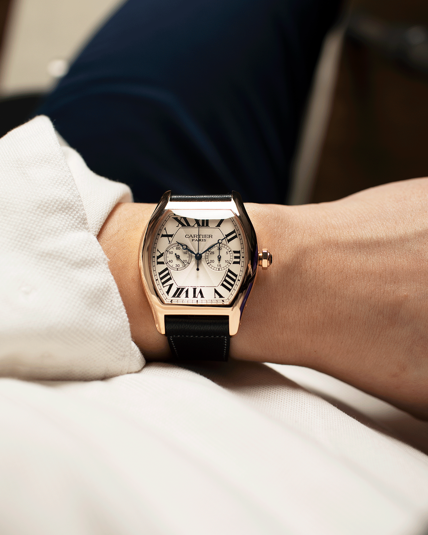 Brand: Cartier Year: 2005 Model: CPCP Collection Prive Tortue Monopoussoir XL Reference: 2781 Material: 18k Rose Gold Movement: THA Cal. 045MC Case Diameter: 37 x 39 mm Strap: Navy Blue Accurate Form Japanese Calf Strap with separate 18k Cartier Rose Gold Deployant