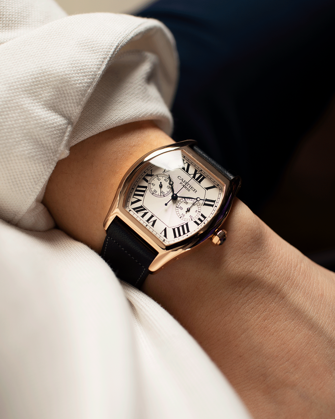 Brand: Cartier Year: 2005 Model: CPCP Collection Prive Tortue Monopoussoir XL Reference: 2781 Material: 18k Rose Gold Movement: THA Cal. 045MC Case Diameter: 37 x 39 mm Strap: Navy Blue Accurate Form Japanese Calf Strap with separate 18k Cartier Rose Gold Deployant