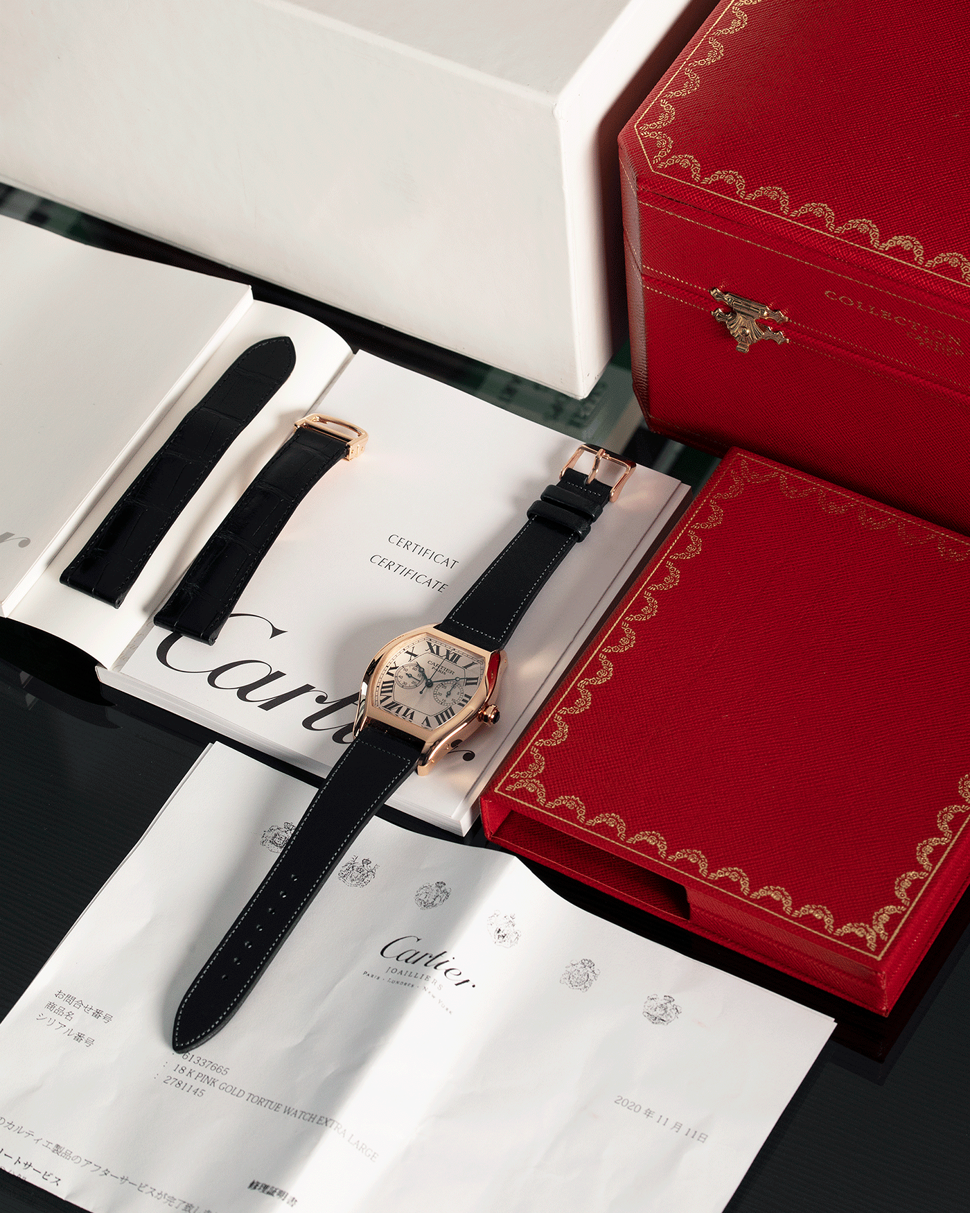 Brand: Cartier Year: 2005 Model: CPCP Collection Prive Tortue Monopoussoir XL Reference: 2781 Material: 18k Rose Gold Movement: THA Cal. 045MC Case Diameter: 37 x 39 mm Strap: Navy Blue Accurate Form Japanese Calf Strap with separate 18k Cartier Rose Gold Deployant