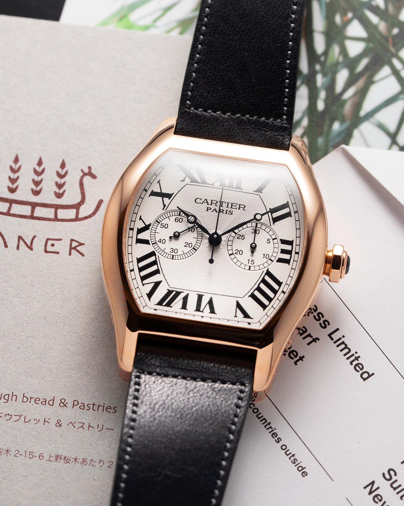 Brand: Cartier Year: 2005 Model: CPCP Collection Prive Tortue Monopoussoir XL Reference: 2781 Material: 18k Rose Gold Movement: THA Cal. 045MC Case Diameter: 37 x 39 mm Strap: Navy Blue Accurate Form Japanese Calf Strap with separate 18k Cartier Rose Gold Deployant