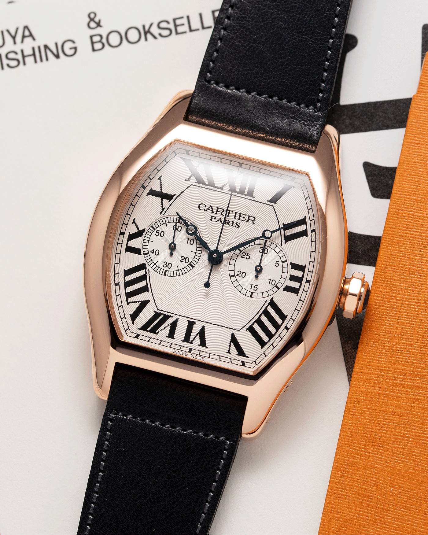 Brand: Cartier Year: 2005 Model: CPCP Collection Prive Tortue Monopoussoir XL Reference: 2781 Material: 18k Rose Gold Movement: THA Cal. 045MC Case Diameter: 37 x 39 mm Strap: Navy Blue Accurate Form Japanese Calf Strap with separate 18k Cartier Rose Gold Deployant