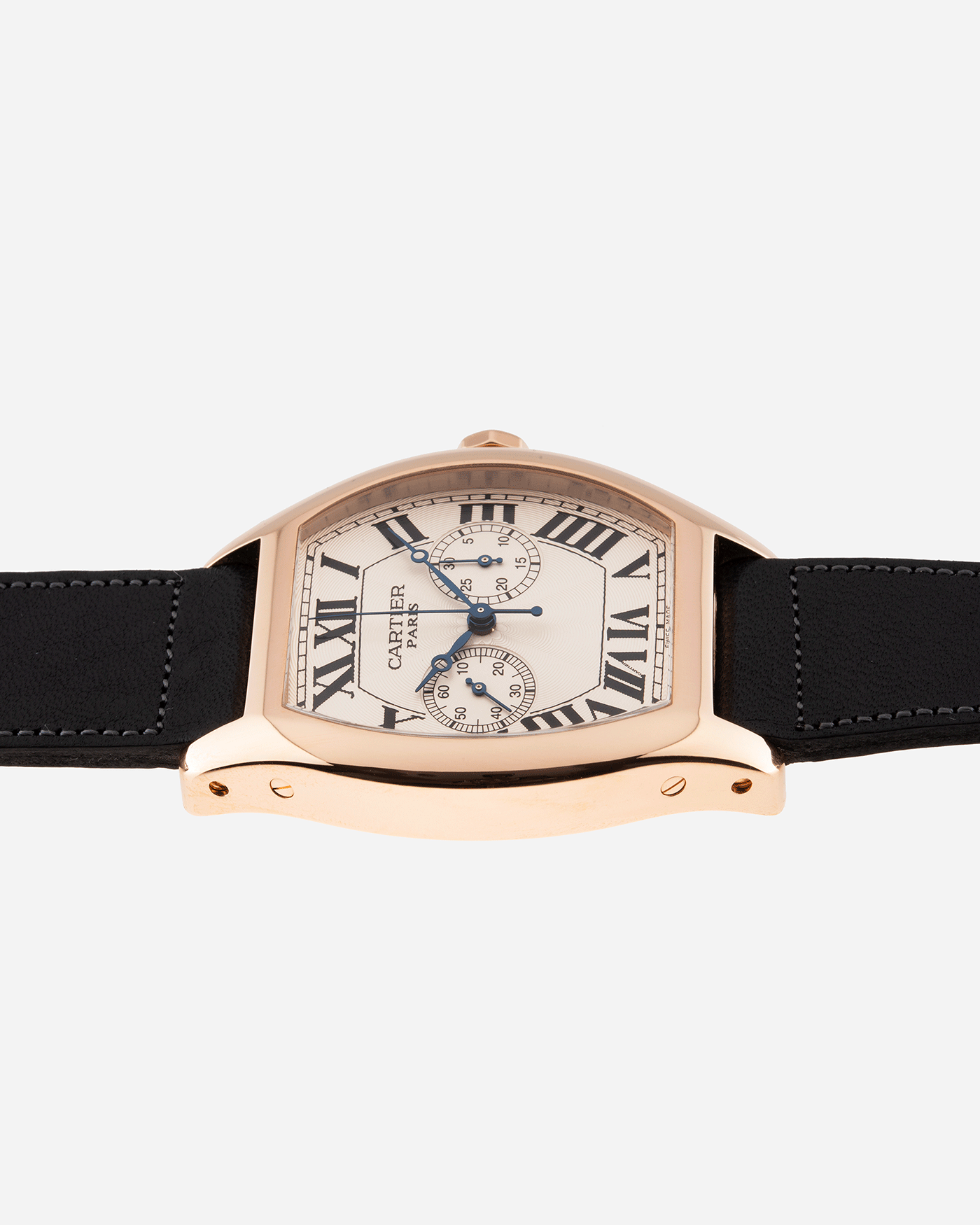 Brand: Cartier Year: 2005 Model: CPCP Collection Prive Tortue Monopoussoir XL Reference: 2781 Material: 18k Rose Gold Movement: THA Cal. 045MC Case Diameter: 37 x 39 mm Strap: Navy Blue Accurate Form Japanese Calf Strap with separate 18k Cartier Rose Gold Deployant