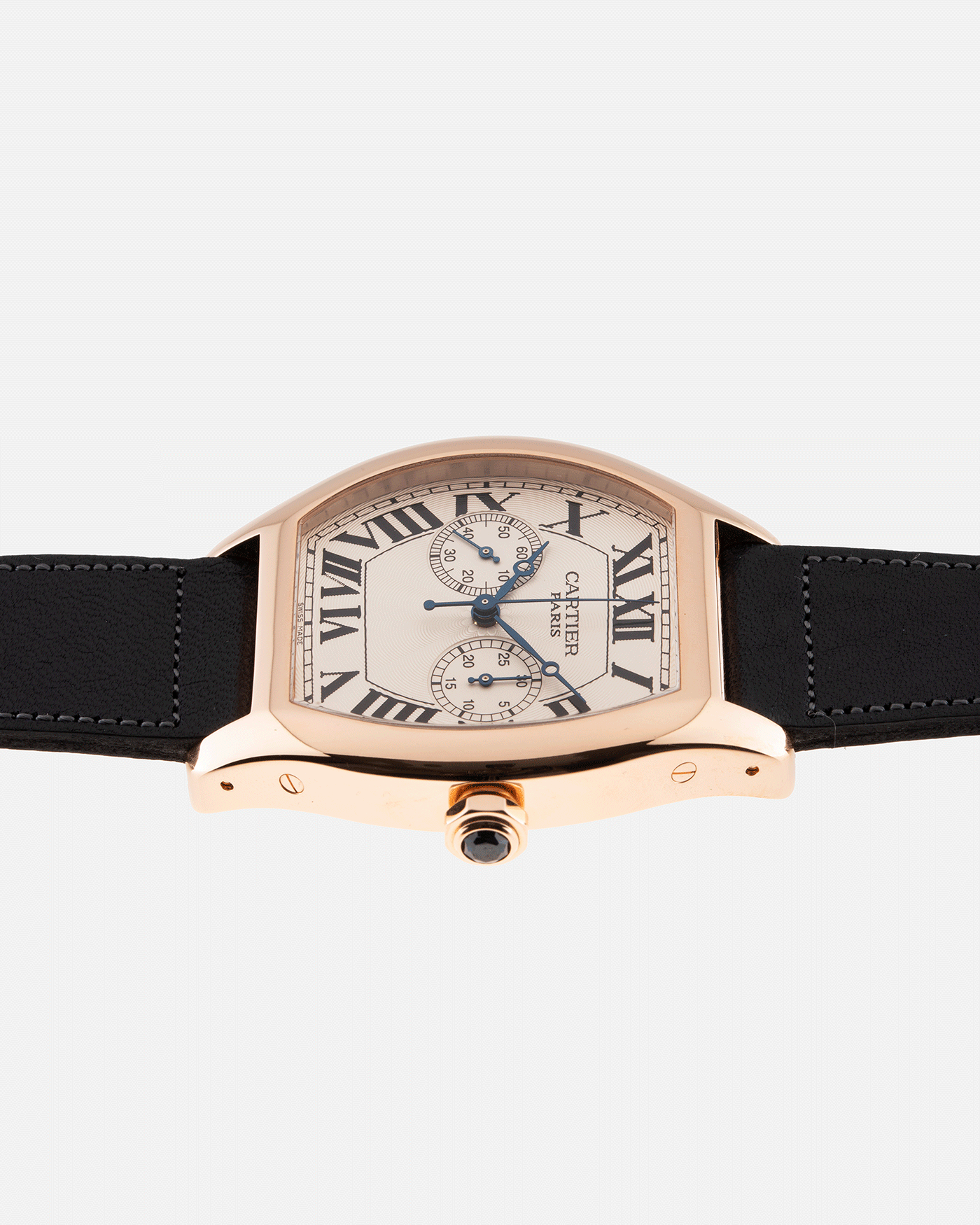 Brand: Cartier Year: 2005 Model: CPCP Collection Prive Tortue Monopoussoir XL Reference: 2781 Material: 18k Rose Gold Movement: THA Cal. 045MC Case Diameter: 37 x 39 mm Strap: Navy Blue Accurate Form Japanese Calf Strap with separate 18k Cartier Rose Gold Deployant