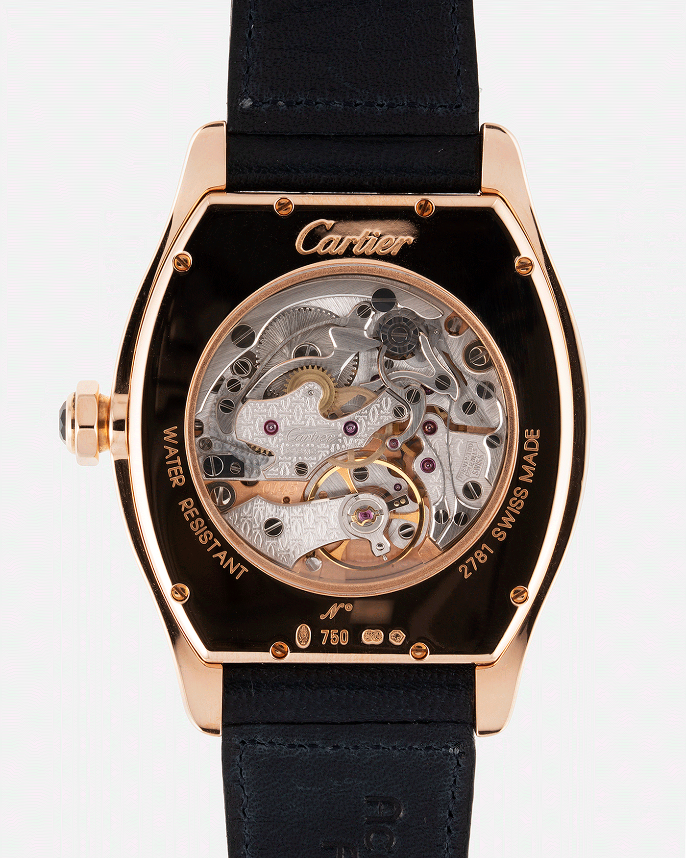 Brand: Cartier Year: 2005 Model: CPCP Collection Prive Tortue Monopoussoir XL Reference: 2781 Material: 18k Rose Gold Movement: THA Cal. 045MC Case Diameter: 37 x 39 mm Strap: Navy Blue Accurate Form Japanese Calf Strap with separate 18k Cartier Rose Gold Deployant