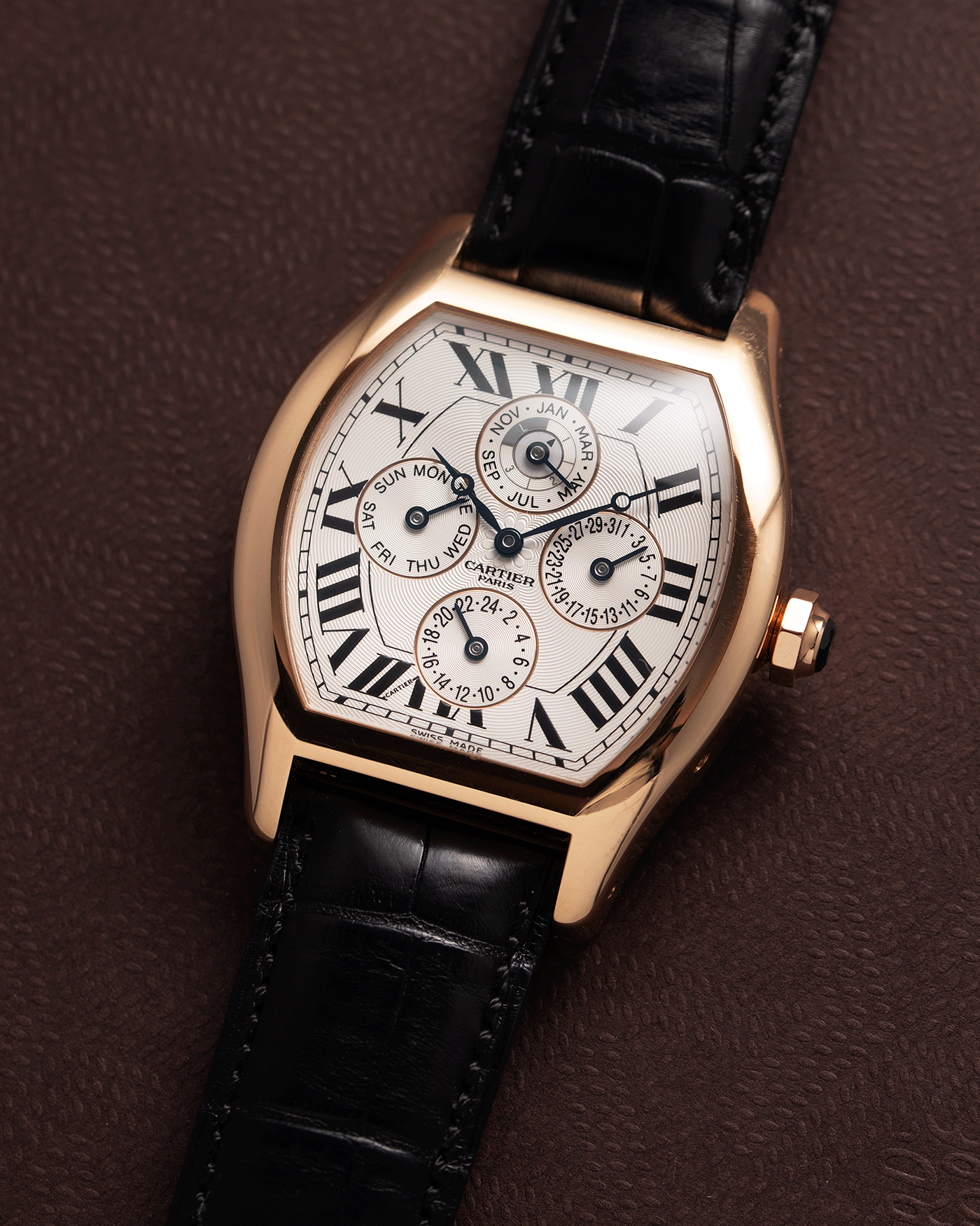 Brand: Cartier Year: 2005 Model: CPCP Collection Prive Tortue Perpetual Calendar XL Reference: 2666 Material: 18k Rose Gold Movement: Cal. 9421MC Case Diameter: 42.5mm x 34mm Strap: Cartier Black Alligator with 18k Rose Gold Cartier Deployant