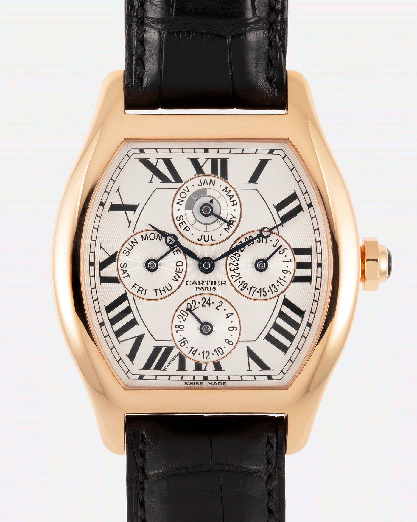 Brand: Cartier Year: 2005 Model: CPCP Collection Prive Tortue Perpetual Calendar XL Reference: 2666 Material: 18k Rose Gold Movement: Cal. 9421MC Case Diameter: 42.5mm x 34mm Strap: Cartier Black Alligator with 18k Rose Gold Cartier Deployant