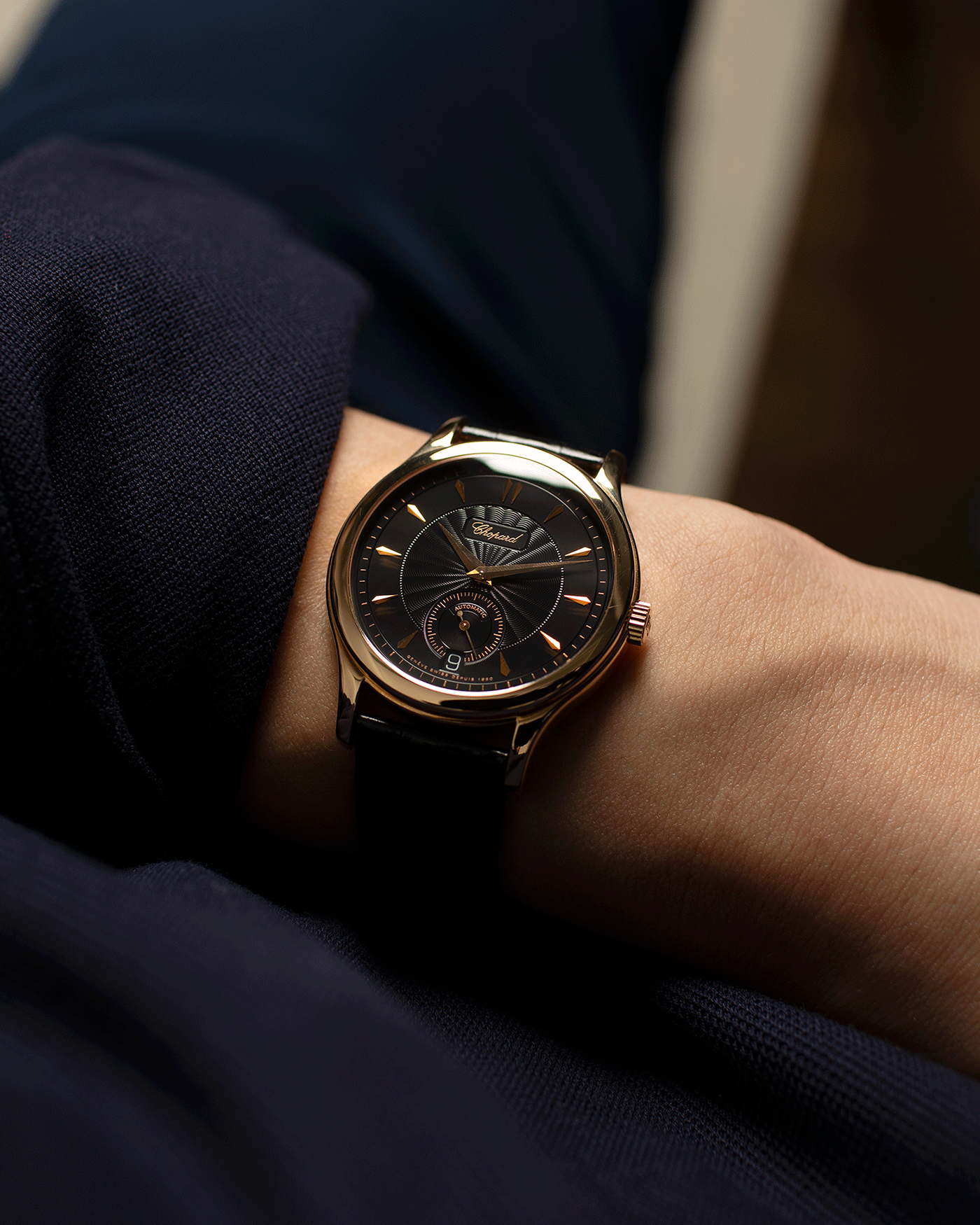 Brand: Chopard L.U.C. Year: 1990s Model: 16/1860/2 Material: 18k Rose Gold Movement: In-House Caliber 1.96 Case Diameter: 37mm Strap: Black Chopard Alligator Strap and 18k Rose Gold Chopard Tang Buckle