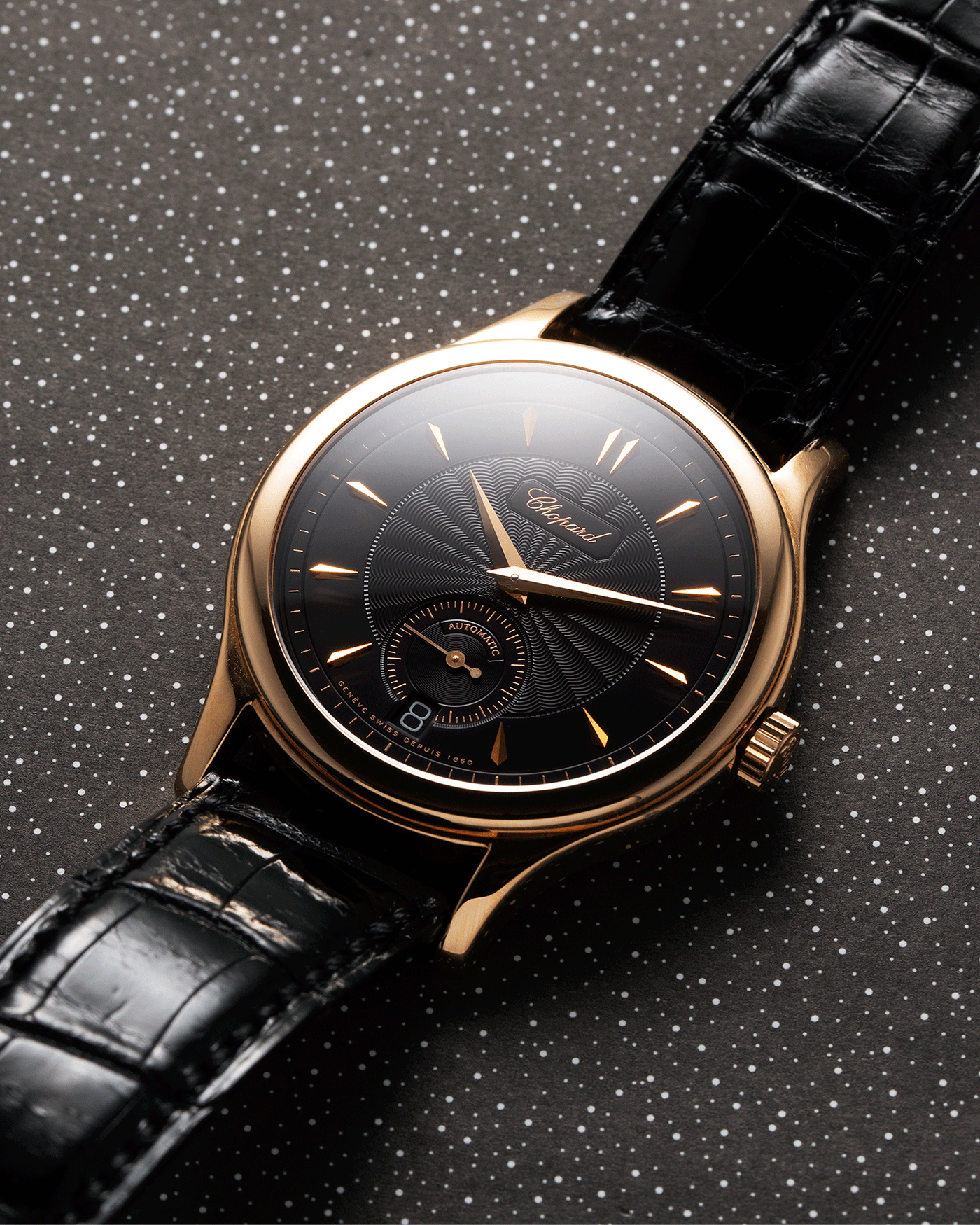 Brand: Chopard L.U.C. Year: 1990s Model: 16/1860/2 Material: 18k Rose Gold Movement: In-House Caliber 1.96 Case Diameter: 37mm Strap: Black Chopard Alligator Strap and 18k Rose Gold Chopard Tang Buckle