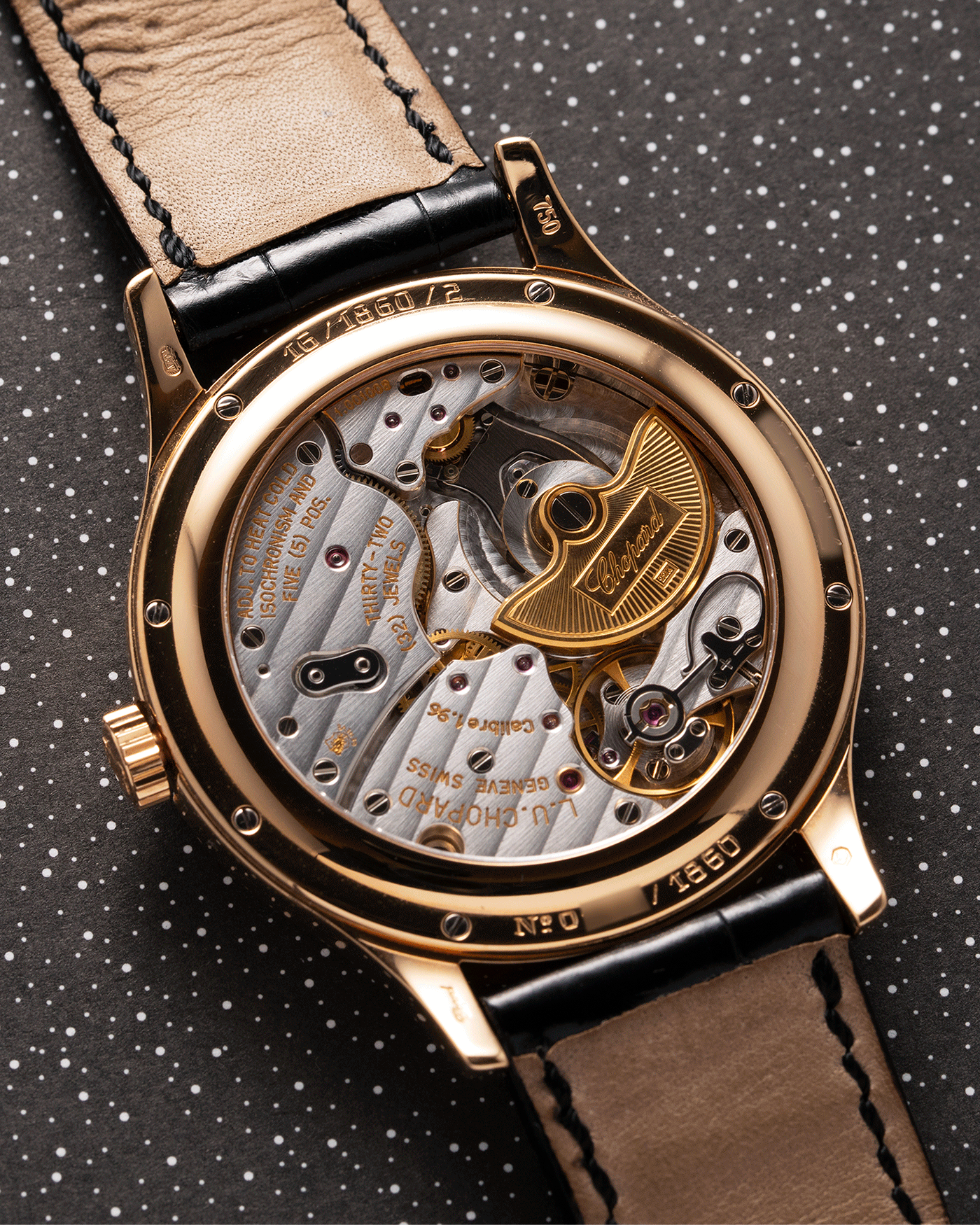 Brand: Chopard L.U.C. Year: 1990s Model: 16/1860/2 Material: 18k Rose Gold Movement: In-House Caliber 1.96 Case Diameter: 37mm Strap: Black Chopard Alligator Strap and 18k Rose Gold Chopard Tang Buckle