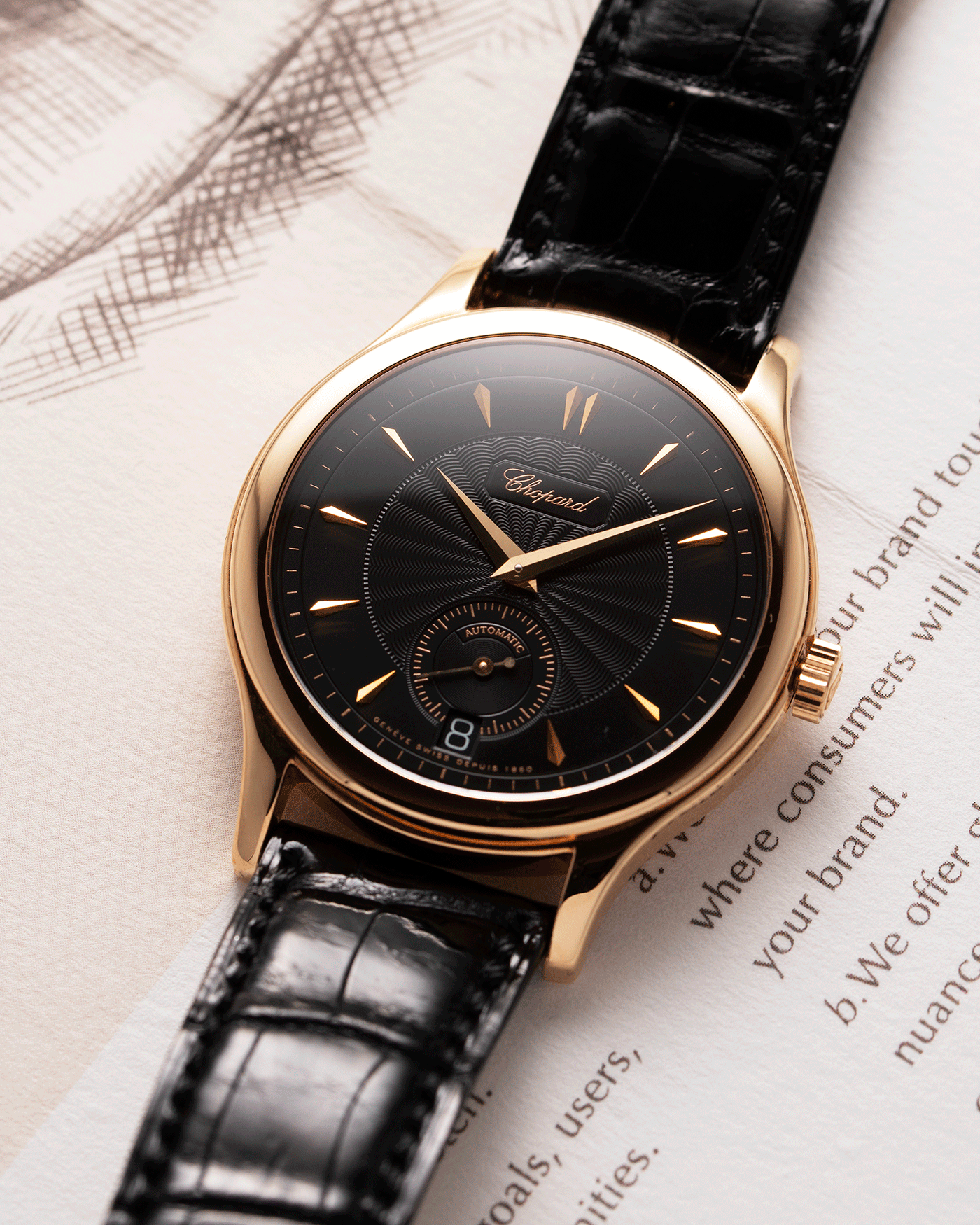 Brand: Chopard L.U.C. Year: 1990s Model: 16/1860/2 Material: 18k Rose Gold Movement: In-House Caliber 1.96 Case Diameter: 37mm Strap: Black Chopard Alligator Strap and 18k Rose Gold Chopard Tang Buckle
