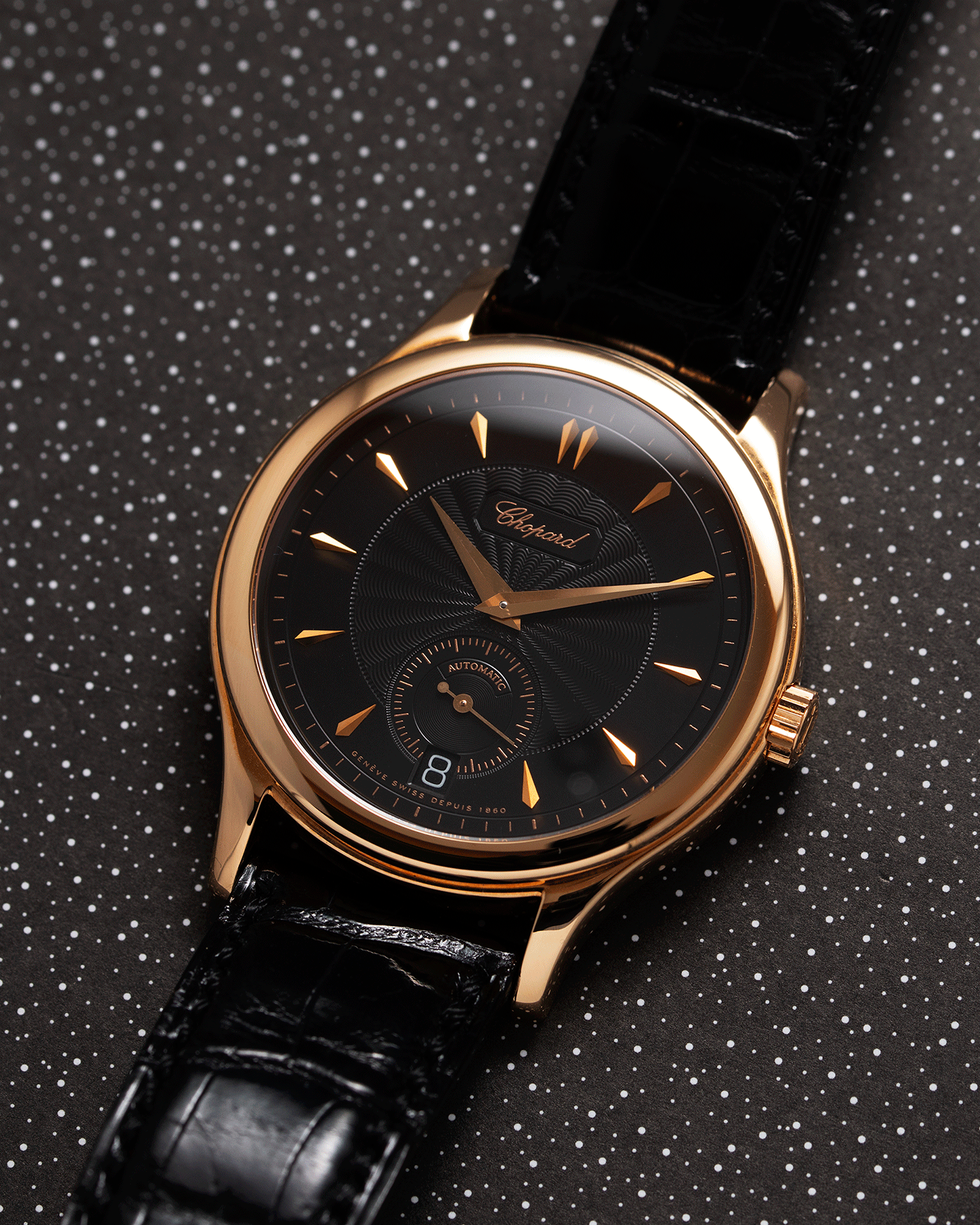 Brand: Chopard L.U.C. Year: 1990s Model: 16/1860/2 Material: 18k Rose Gold Movement: In-House Caliber 1.96 Case Diameter: 37mm Strap: Black Chopard Alligator Strap and 18k Rose Gold Chopard Tang Buckle