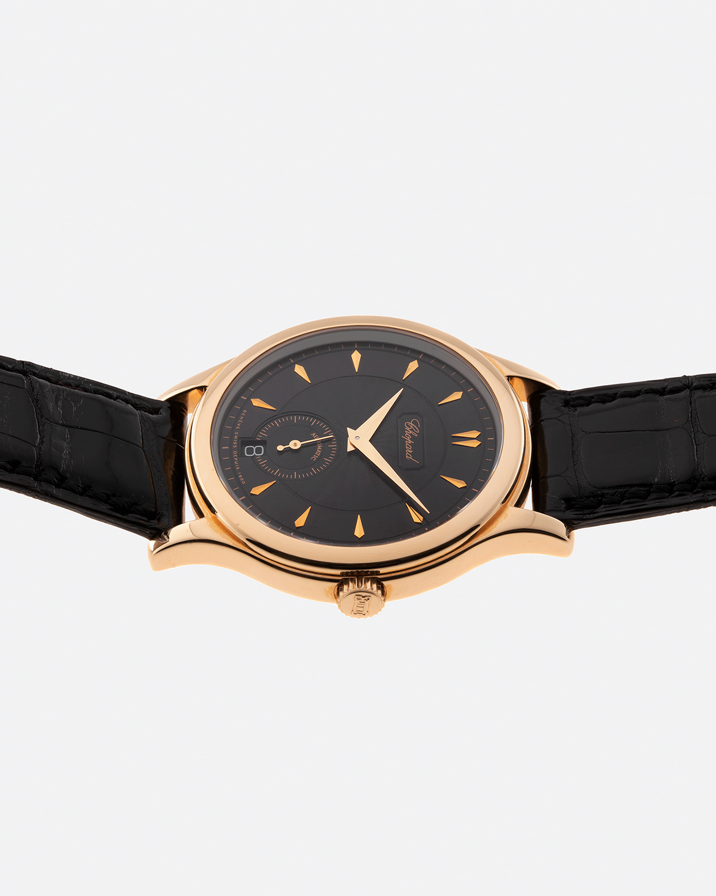 Brand: Chopard L.U.C. Year: 1990s Model: 16/1860/2 Material: 18k Rose Gold Movement: In-House Caliber 1.96 Case Diameter: 37mm Strap: Black Chopard Alligator Strap and 18k Rose Gold Chopard Tang Buckle