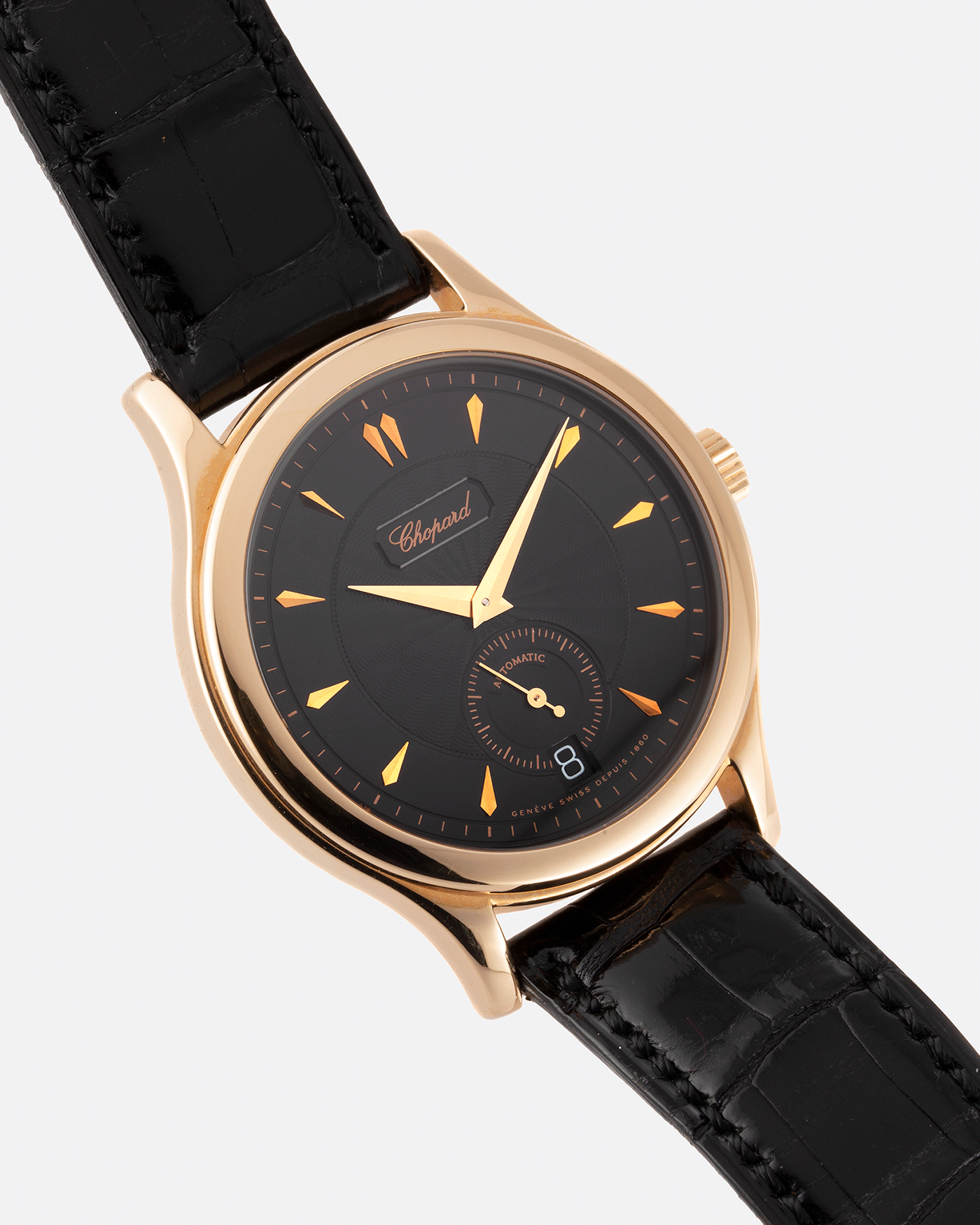 Brand: Chopard L.U.C. Year: 1990s Model: 16/1860/2 Material: 18k Rose Gold Movement: In-House Caliber 1.96 Case Diameter: 37mm Strap: Black Chopard Alligator Strap and 18k Rose Gold Chopard Tang Buckle