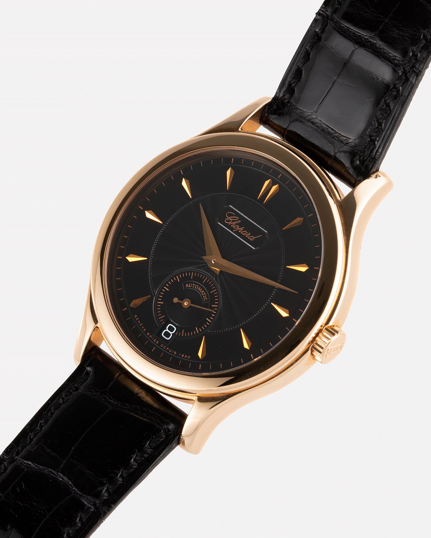 Brand: Chopard L.U.C. Year: 1990s Model: 16/1860/2 Material: 18k Rose Gold Movement: In-House Caliber 1.96 Case Diameter: 37mm Strap: Black Chopard Alligator Strap and 18k Rose Gold Chopard Tang Buckle