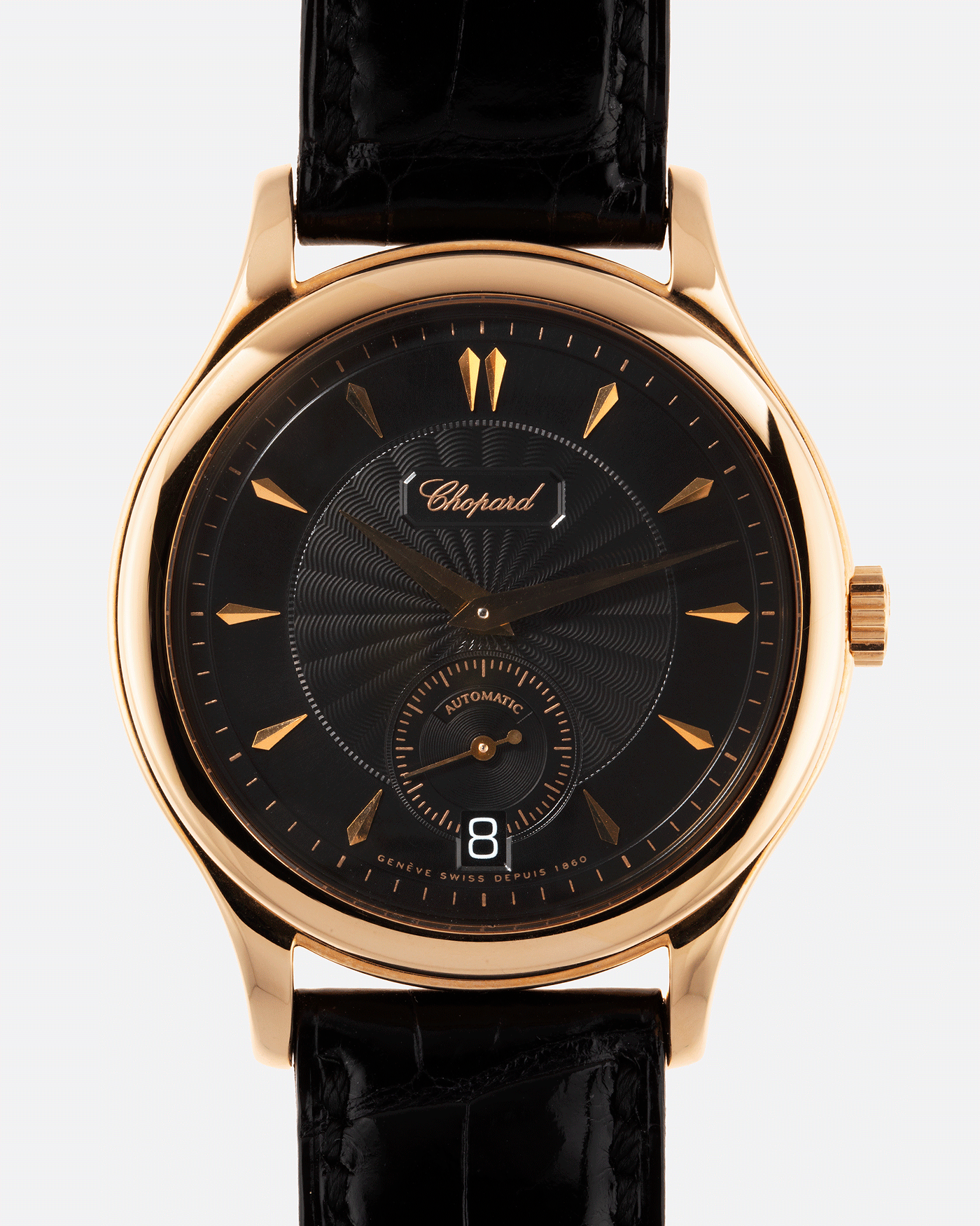 Brand: Chopard L.U.C. Year: 1990s Model: 16/1860/2 Material: 18k Rose Gold Movement: In-House Caliber 1.96 Case Diameter: 37mm Strap: Black Chopard Alligator Strap and 18k Rose Gold Chopard Tang Buckle