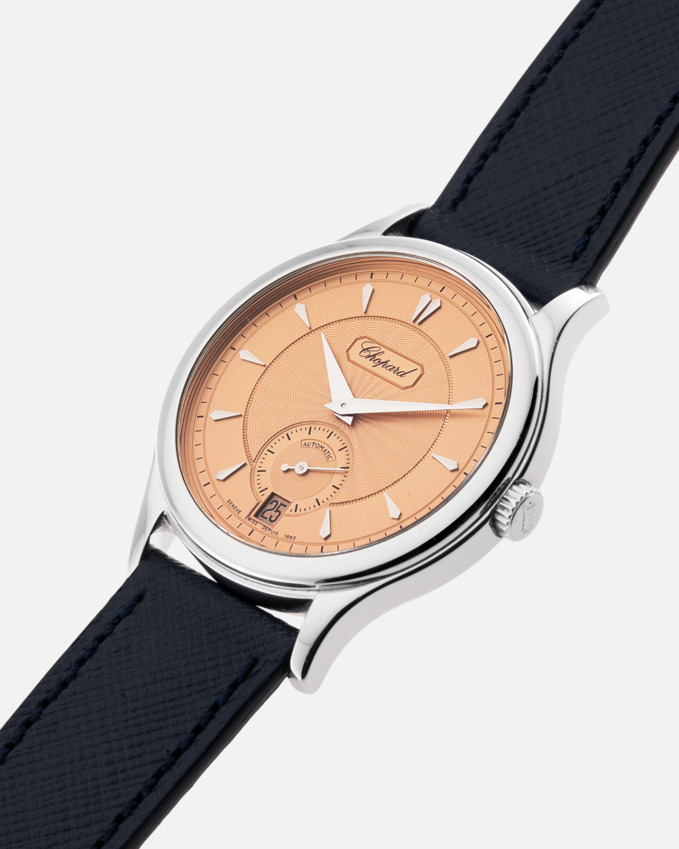 Brand: Chopard L.U.C. Year: 1990’s Model: 16/1860/2 Material: 18k White Gold Movement: In-House Caliber 1.96 Case Diameter: 37mm Strap: Navy Blue Molequin Textured Calf and Brown Chopard Alligator Strap and 18k White Gold Chopard Tang Buckle