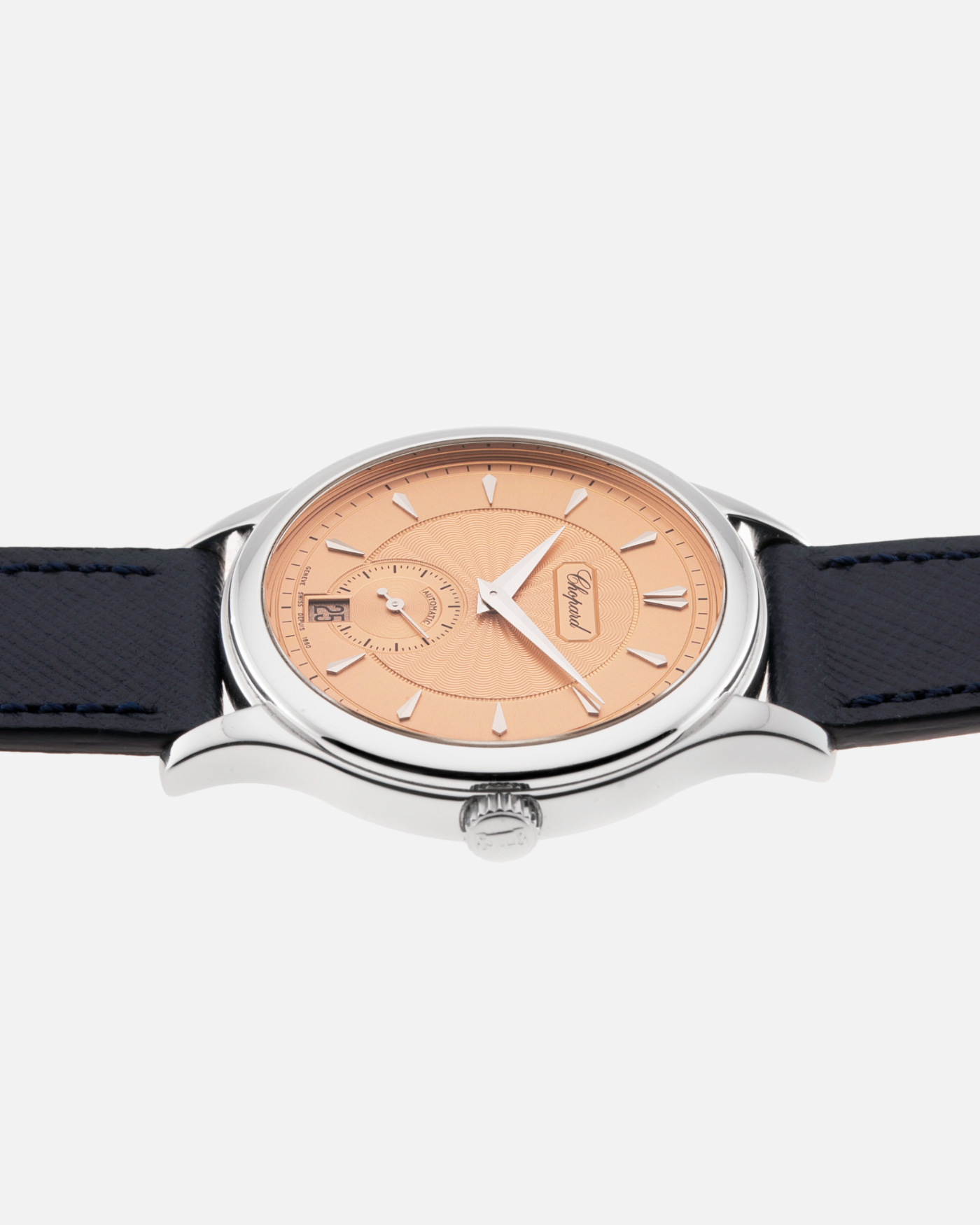 Brand: Chopard L.U.C. Year: 1990’s Model: 16/1860/2 Material: 18k White Gold Movement: In-House Caliber 1.96 Case Diameter: 37mm Strap: Navy Blue Molequin Textured Calf and Brown Chopard Alligator Strap and 18k White Gold Chopard Tang Buckle