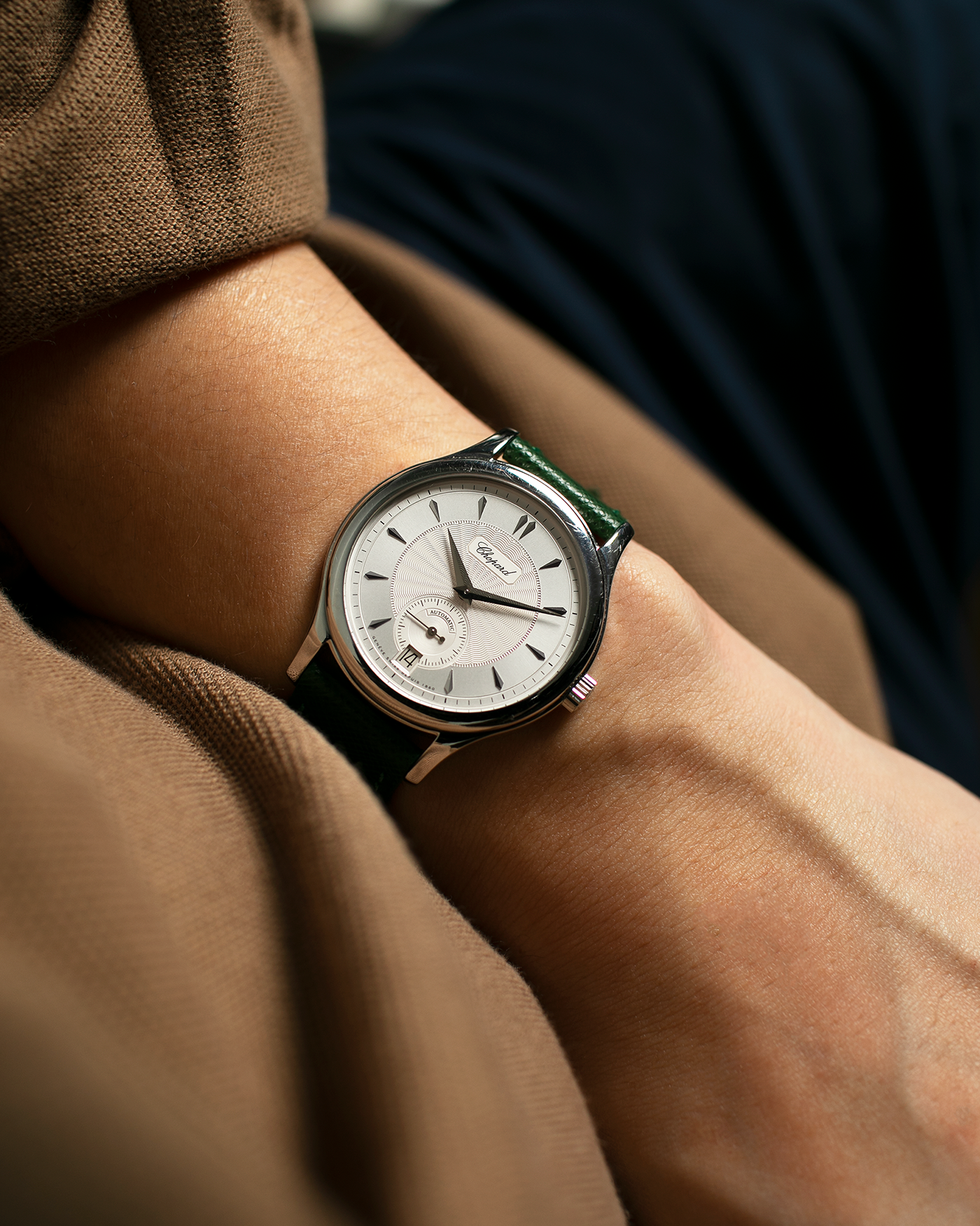 Brand: Chopard L.U.C. Year: 1990’s Model: 16/1860/2 Material: 18k White Gold Movement: In-House Caliber 1.96 Case Diameter: 37mm Strap: Hunter Green Molequin Textured Calf and 18k White Gold Chopard Tang Buckle