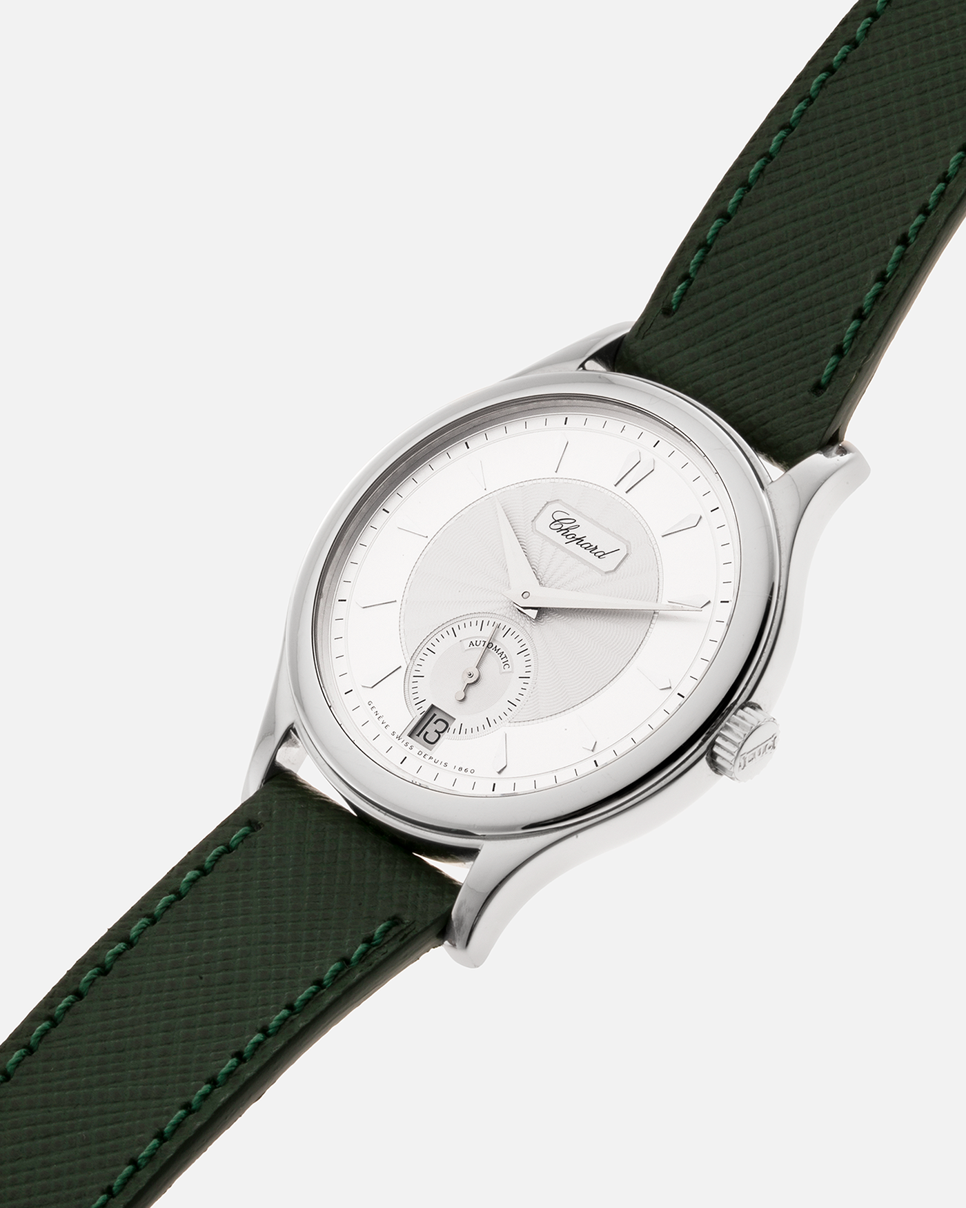 Brand: Chopard L.U.C. Year: 1990’s Model: 16/1860/2 Material: 18k White Gold Movement: In-House Caliber 1.96 Case Diameter: 37mm Strap: Hunter Green Molequin Textured Calf and 18k White Gold Chopard Tang Buckle