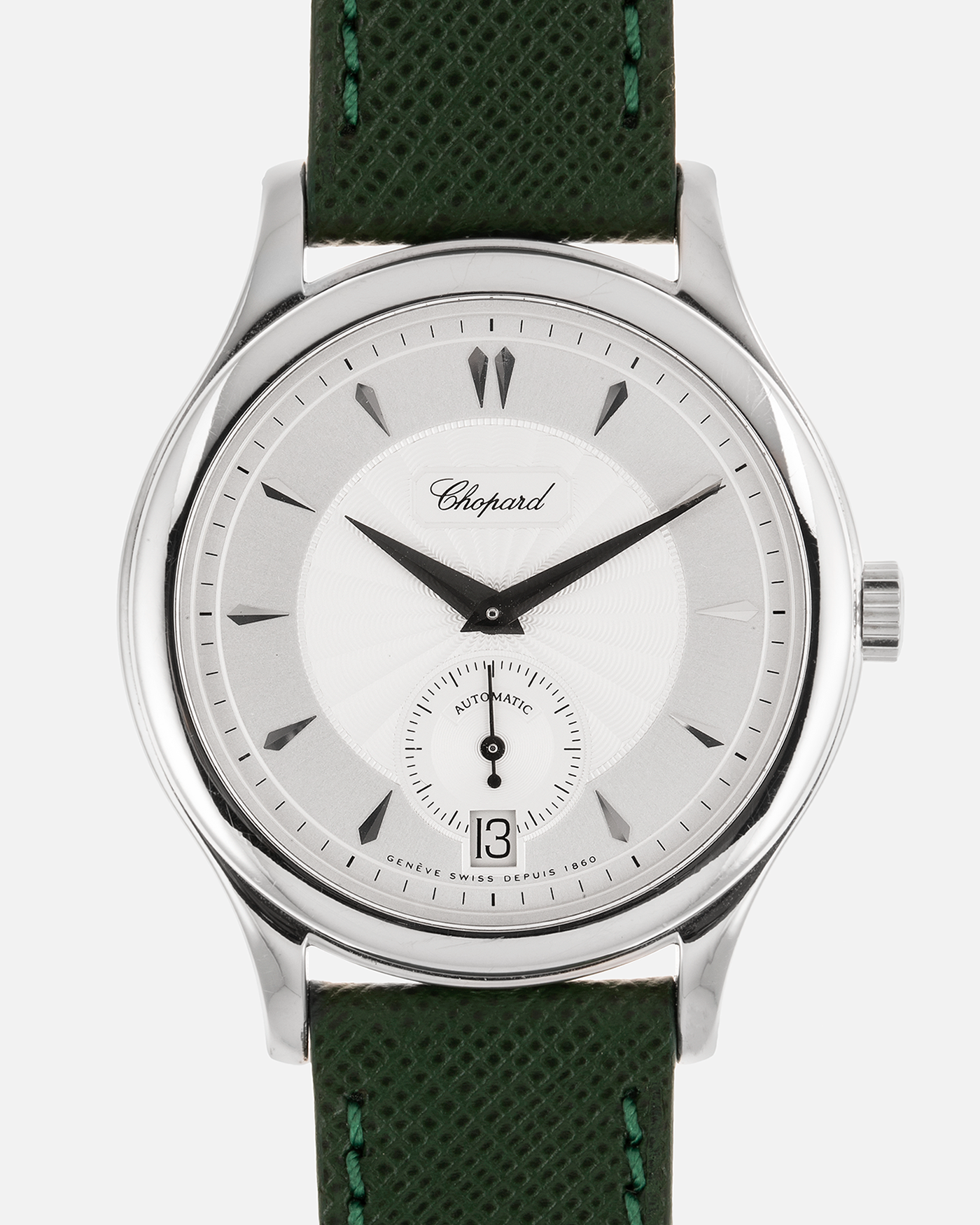 Brand: Chopard L.U.C. Year: 1990’s Model: 16/1860/2 Material: 18k White Gold Movement: In-House Caliber 1.96 Case Diameter: 37mm Strap: Hunter Green Molequin Textured Calf and 18k White Gold Chopard Tang Buckle