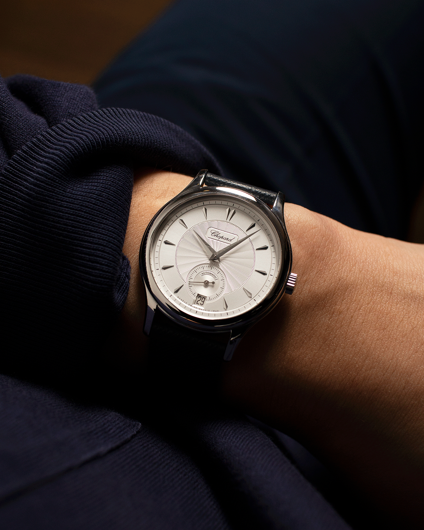 Brand: Chopard L.U.C. Year: 2000’s Model: 16/1860/4 Material: 18k White Gold Movement: In-House Caliber 1.96 Case Diameter: 37mm Strap: Navy Blue Molequin Textured Calf and Brown Chopard Alligator Strap and 18k White Gold Chopard Tang Buckle