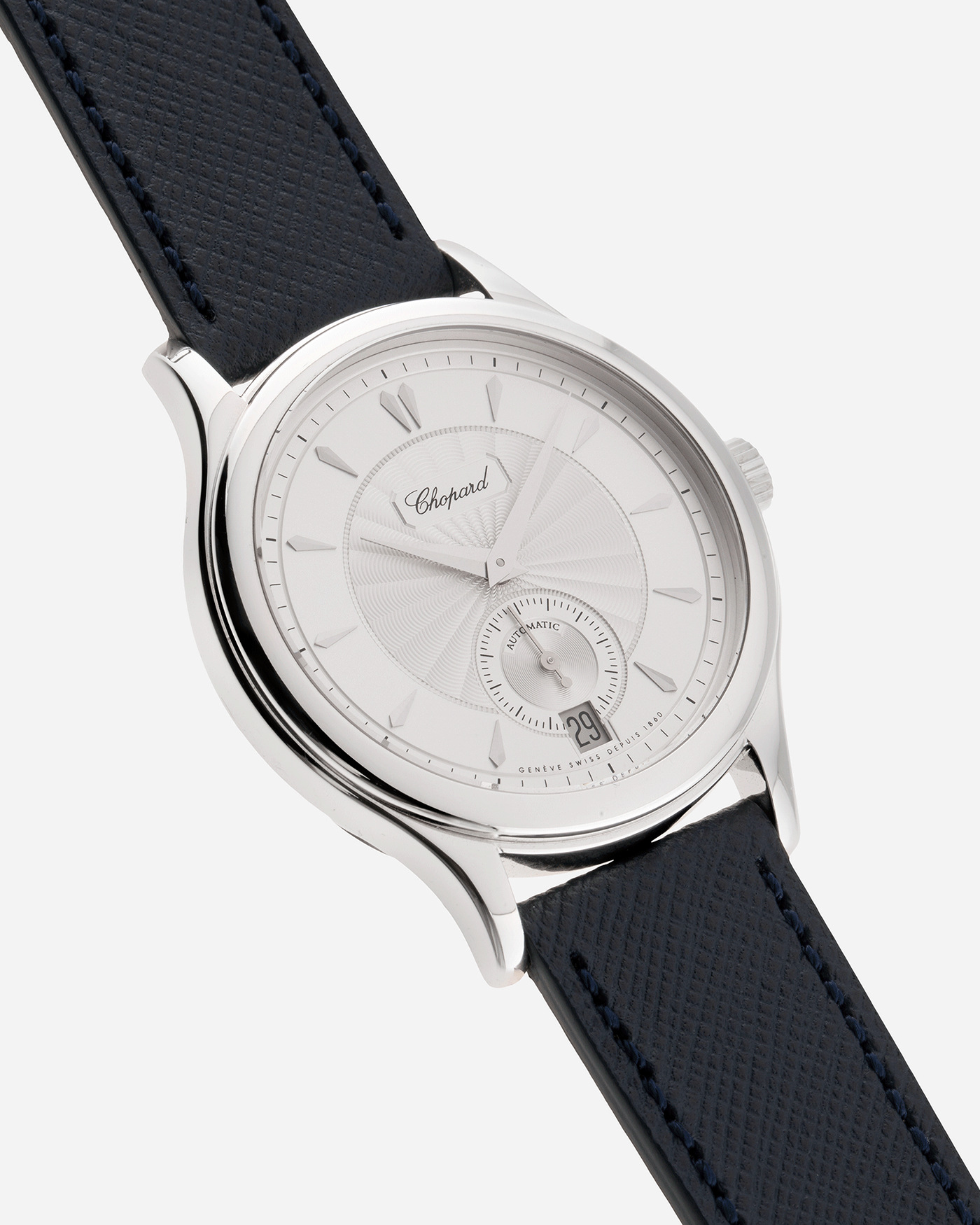 Brand: Chopard L.U.C. Year: 2000’s Model: 16/1860/4 Material: 18k White Gold Movement: In-House Caliber 1.96 Case Diameter: 37mm Strap: Navy Blue Molequin Textured Calf and Brown Chopard Alligator Strap and 18k White Gold Chopard Tang Buckle