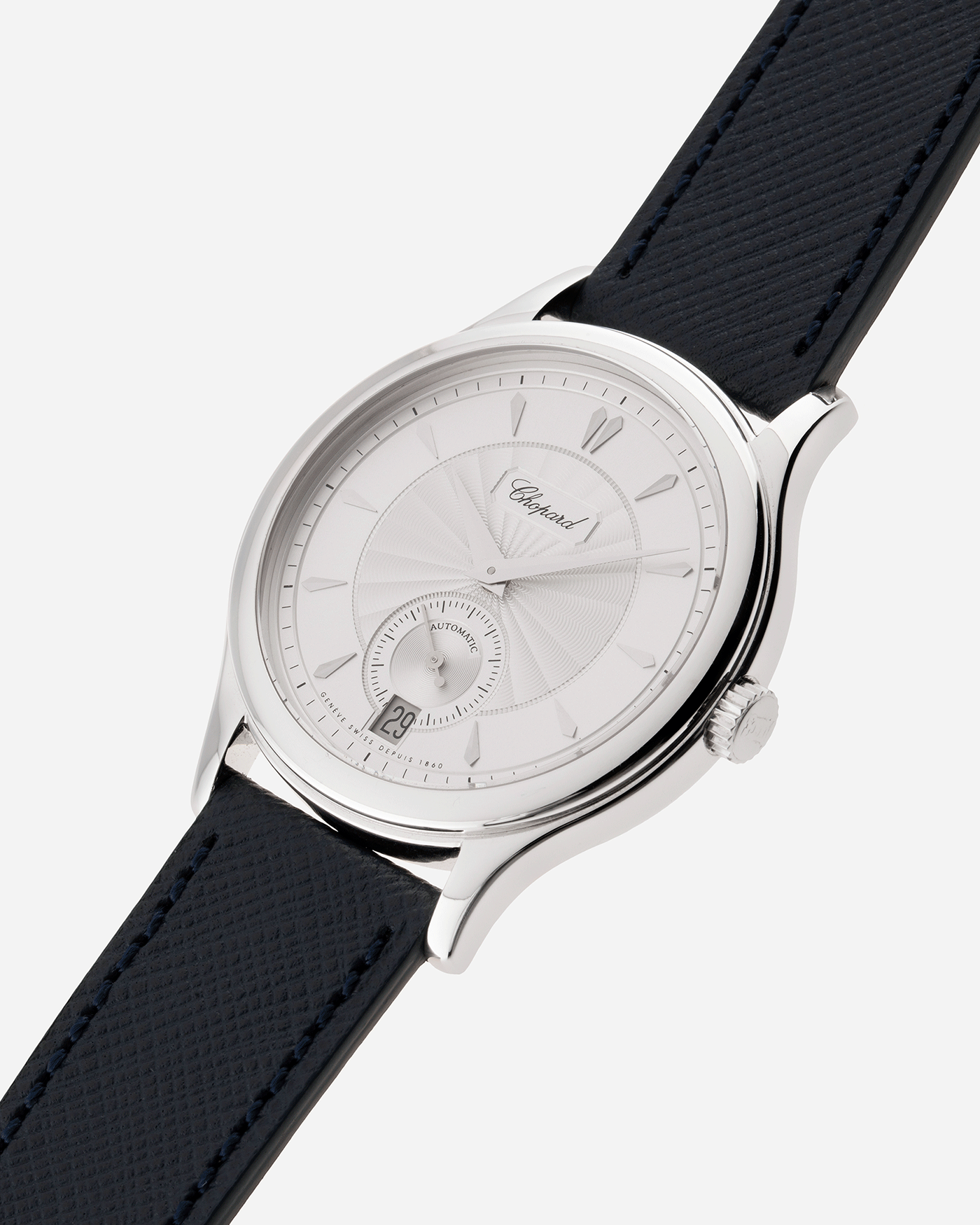 Brand: Chopard L.U.C. Year: 2000’s Model: 16/1860/4 Material: 18k White Gold Movement: In-House Caliber 1.96 Case Diameter: 37mm Strap: Navy Blue Molequin Textured Calf and Brown Chopard Alligator Strap and 18k White Gold Chopard Tang Buckle