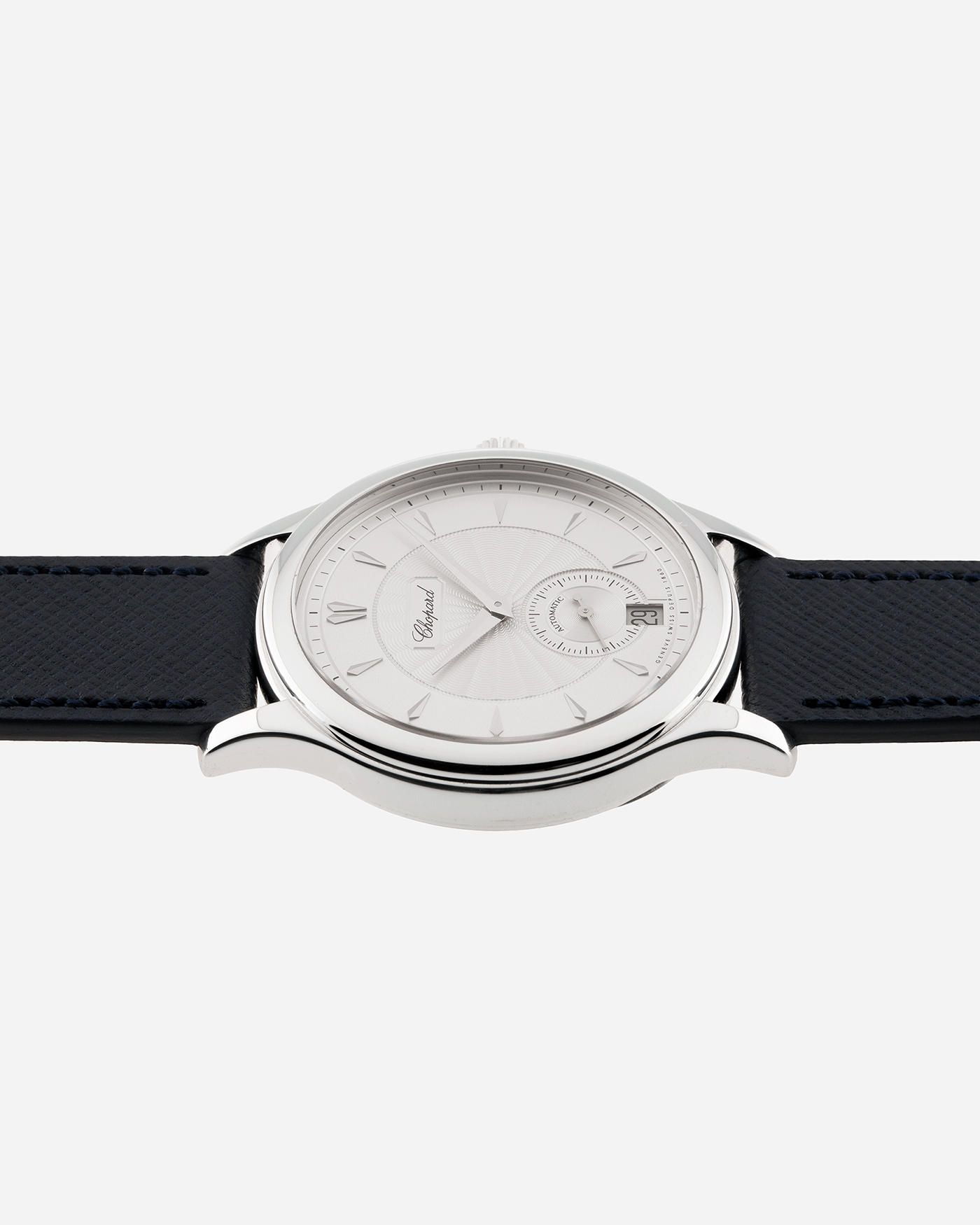 Brand: Chopard L.U.C. Year: 2000’s Model: 16/1860/4 Material: 18k White Gold Movement: In-House Caliber 1.96 Case Diameter: 37mm Strap: Navy Blue Molequin Textured Calf and Brown Chopard Alligator Strap and 18k White Gold Chopard Tang Buckle